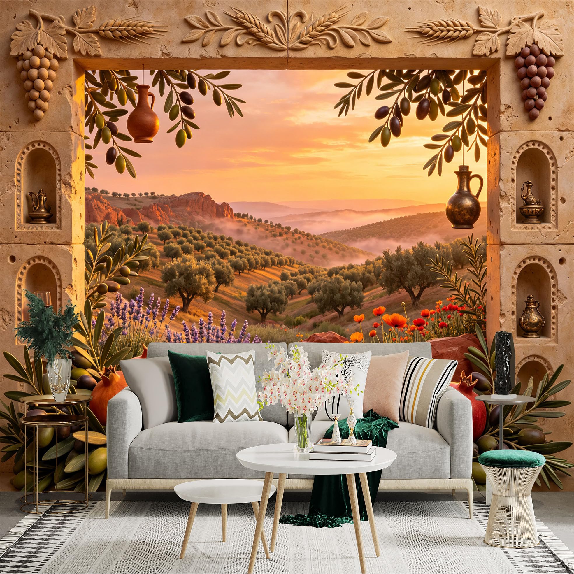 Lnzczhyre Bh260719775 Custom Size Wall Sticker Mural， Mediterranean Landscape， Sunset Olive Grove With Pomegranates， Rustic Stone Window View， For Wall Decoration， Peelandstick Wall Decals.