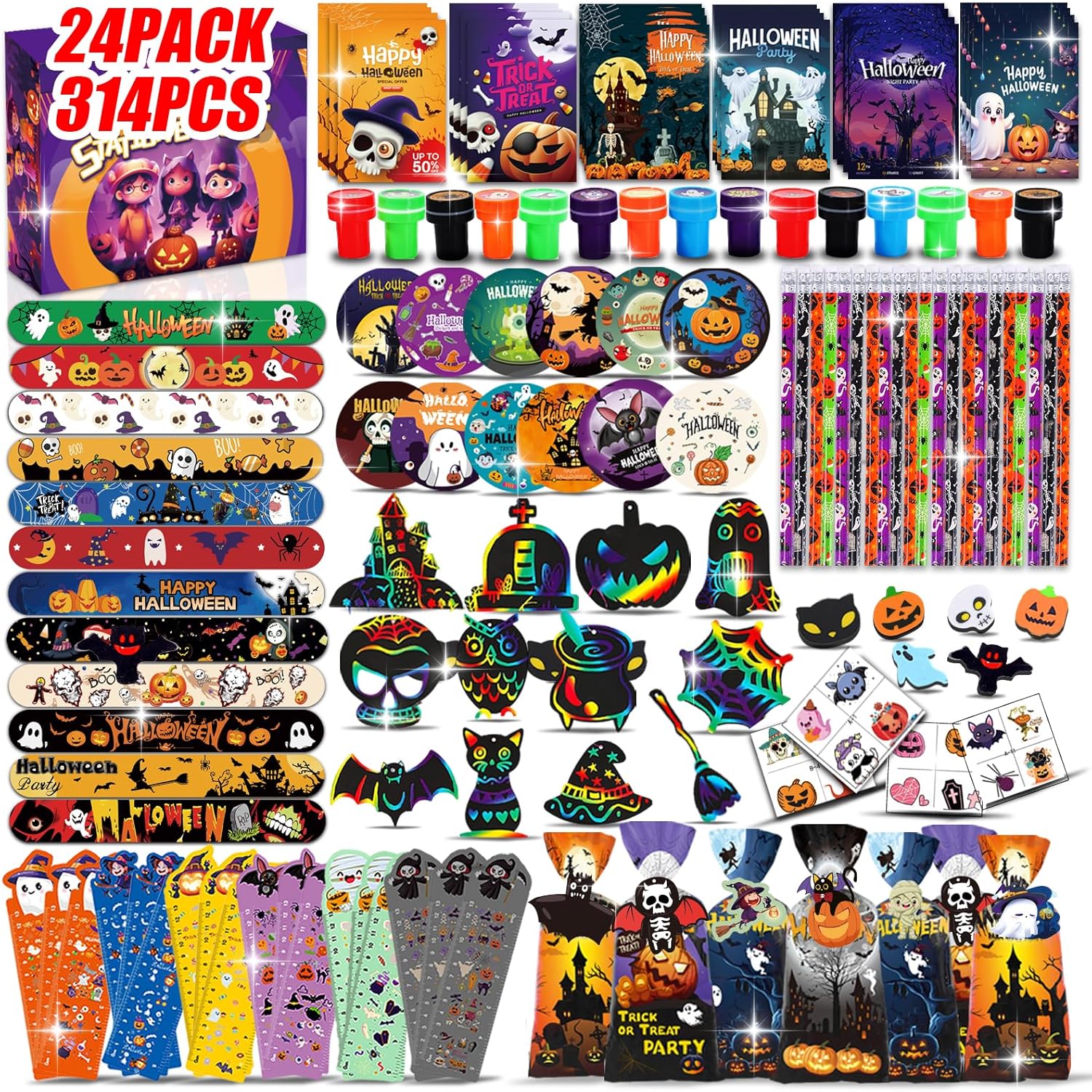 314 PCS Halloween Stationery, Party Favors for kids,Halloween Goodie Bag Fillers Bulk, Assorted Stationery Kit, Classroom Prizes Trick or Treat Fillers