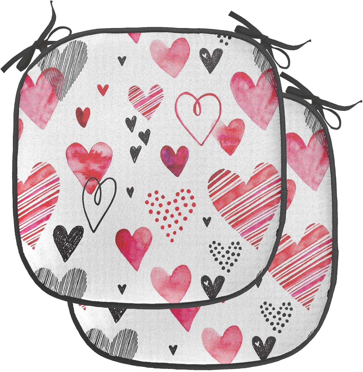 Ambesonne Valentine Chair Seating Cushion Set of 4, Different Types of Heart Shapes Romance Love Theme Watercolor Striped Art, Anti-Slip Seat Padding for Kitchen & Patio, 16"x16", Pink Black White