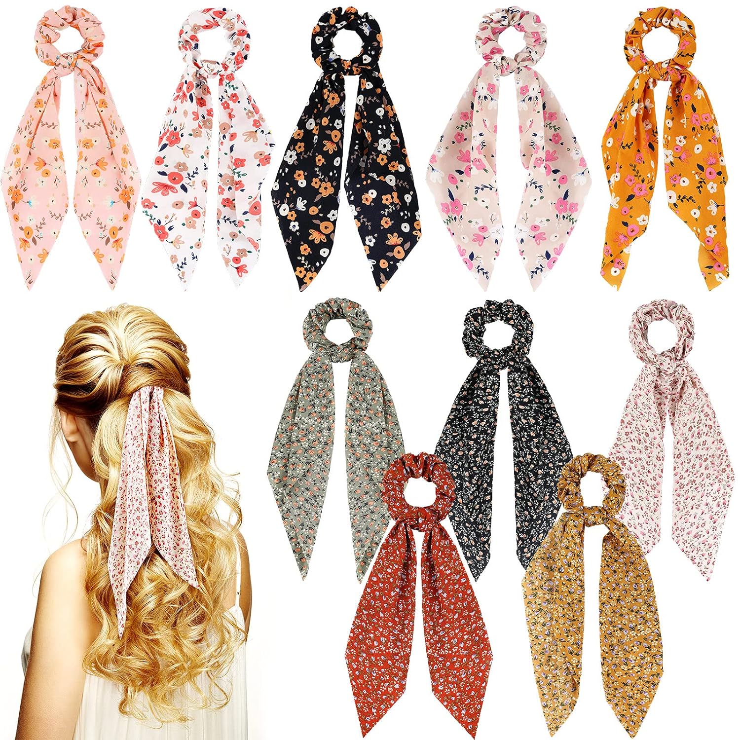 Chuangdi 10 Pcs Hair Scrunchies Hair Scarf with Ribbon Bunny Ears Chiffon Floral Bow Ponytail Holder Boho Elastic Floral Ropes 2 in 1 Vintage Accessories for Women (Ditsy Print)