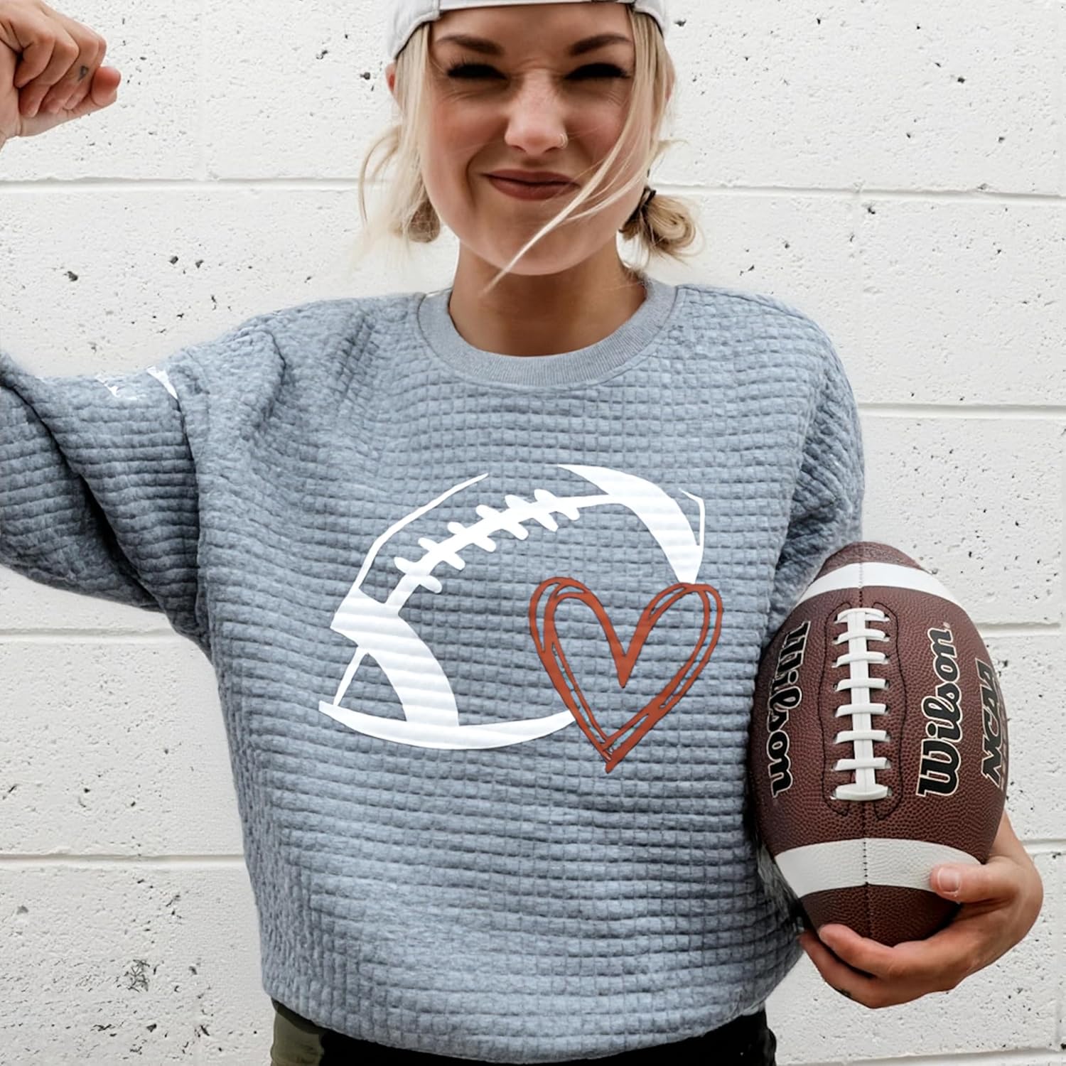 Game Day Sweatshirt Women: Funny Football Heart Graphic Sweatshirt Waffle Knit Long Sleeve Gameday Fans Pullover Tops - Image 6