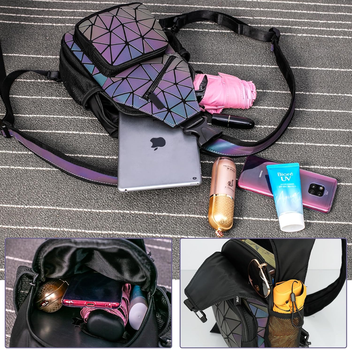 PYFK Geometric Backpack Luminous Holographic Purse Color Changes Flash Reflective Bag For Cycling Fashion Sling Bag for Women(Prism) - Image 6