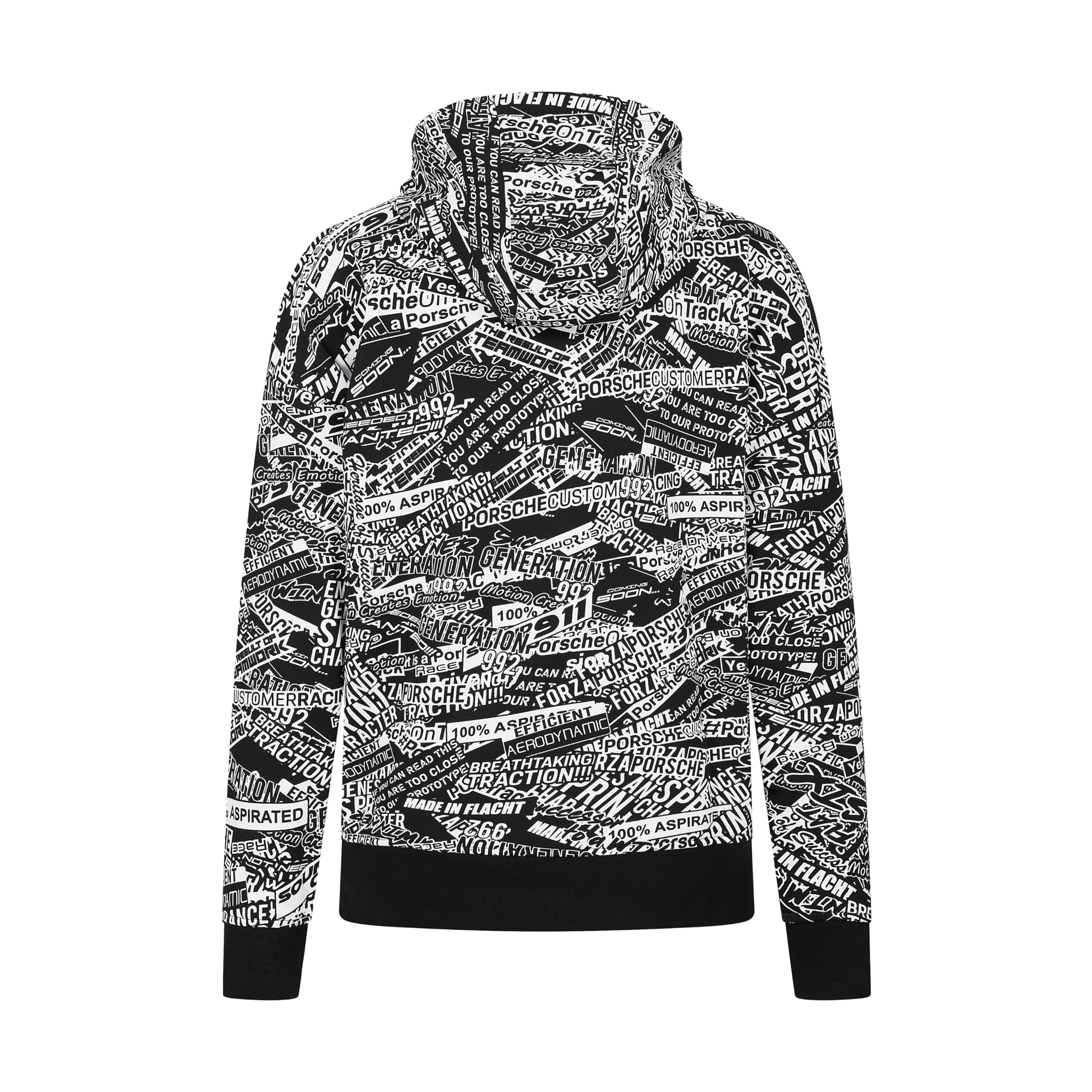 Porsche Motorsport Felpa con Cappuccio Oversize Stampata con Citazioni | Pile spazzolato, Stampa all-over con citazioni Porsche, Cappuccio regolabile con fodera rosso a contrasto