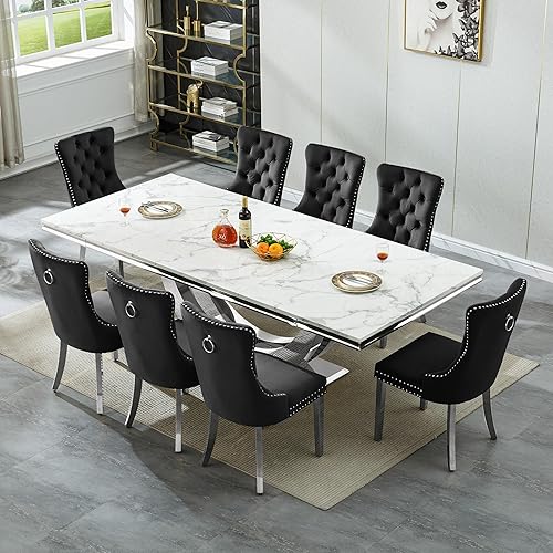 Miniatura 33 de Juego de mesa de comedor de mármol de 9 piezas para mesa de comedor grande de mármol blanco de 8 y 94 pulgadas con base de acero inoxidable en forma