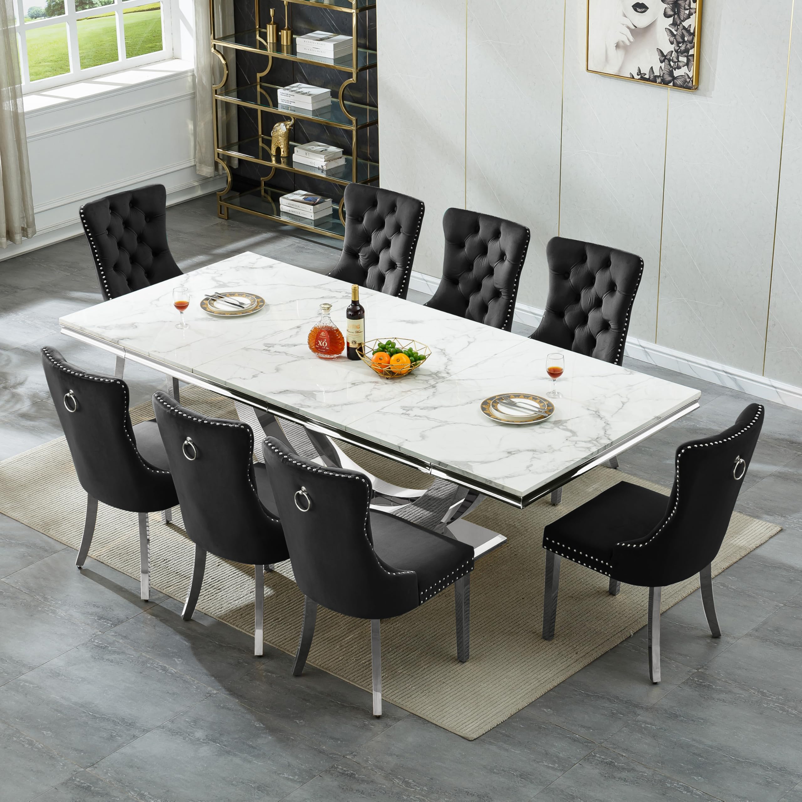 94.5" Large Marble Dining Table Set for 8, Luxury White Silver Kitchen Table with 8 Black Velvet Dining Chairs, Modern Fuax Marble 9-Piece Dining Room Table Set for 8 w/Stainless Steel U-Base