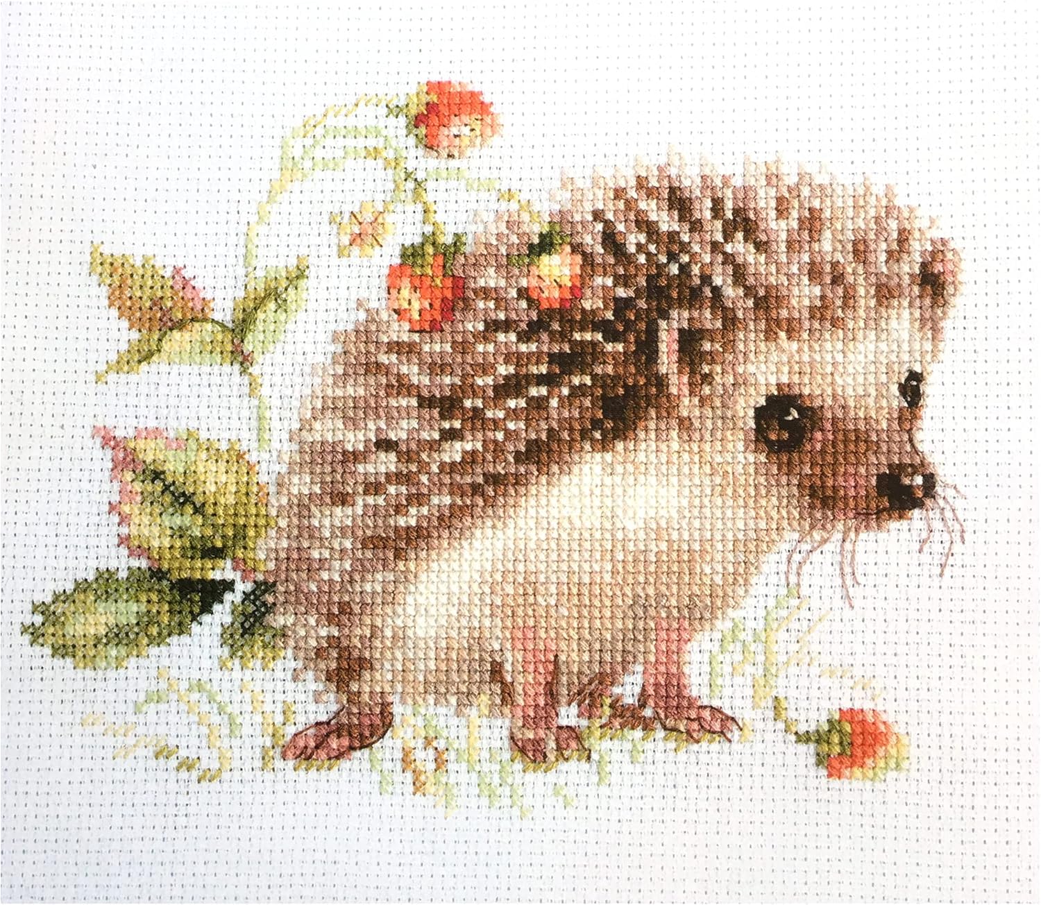 Hedgehog and Strawberry Cross-Stitch kit on Aida 14 Count Canvas. Monochrome Little Animal. Easy & Fast Cross Stitch kit by Alisa 0-227, Multicolor