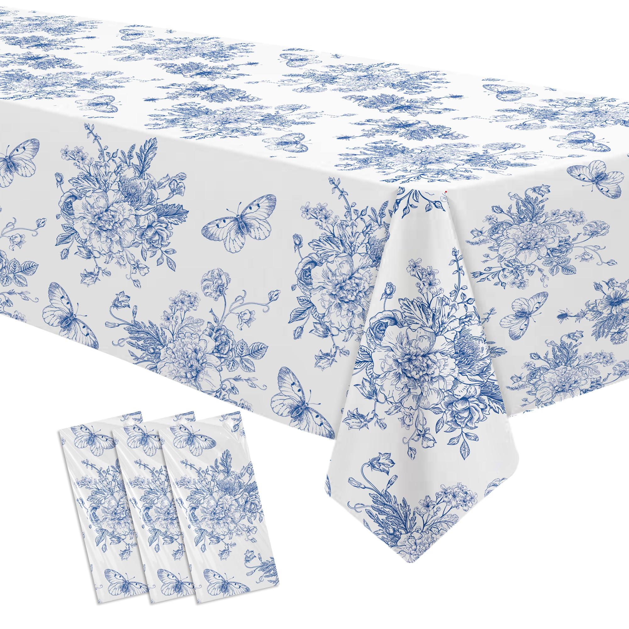 Blue and White Floral Party Tablecloth Decorations, Dusty Blue, 3 Pcs