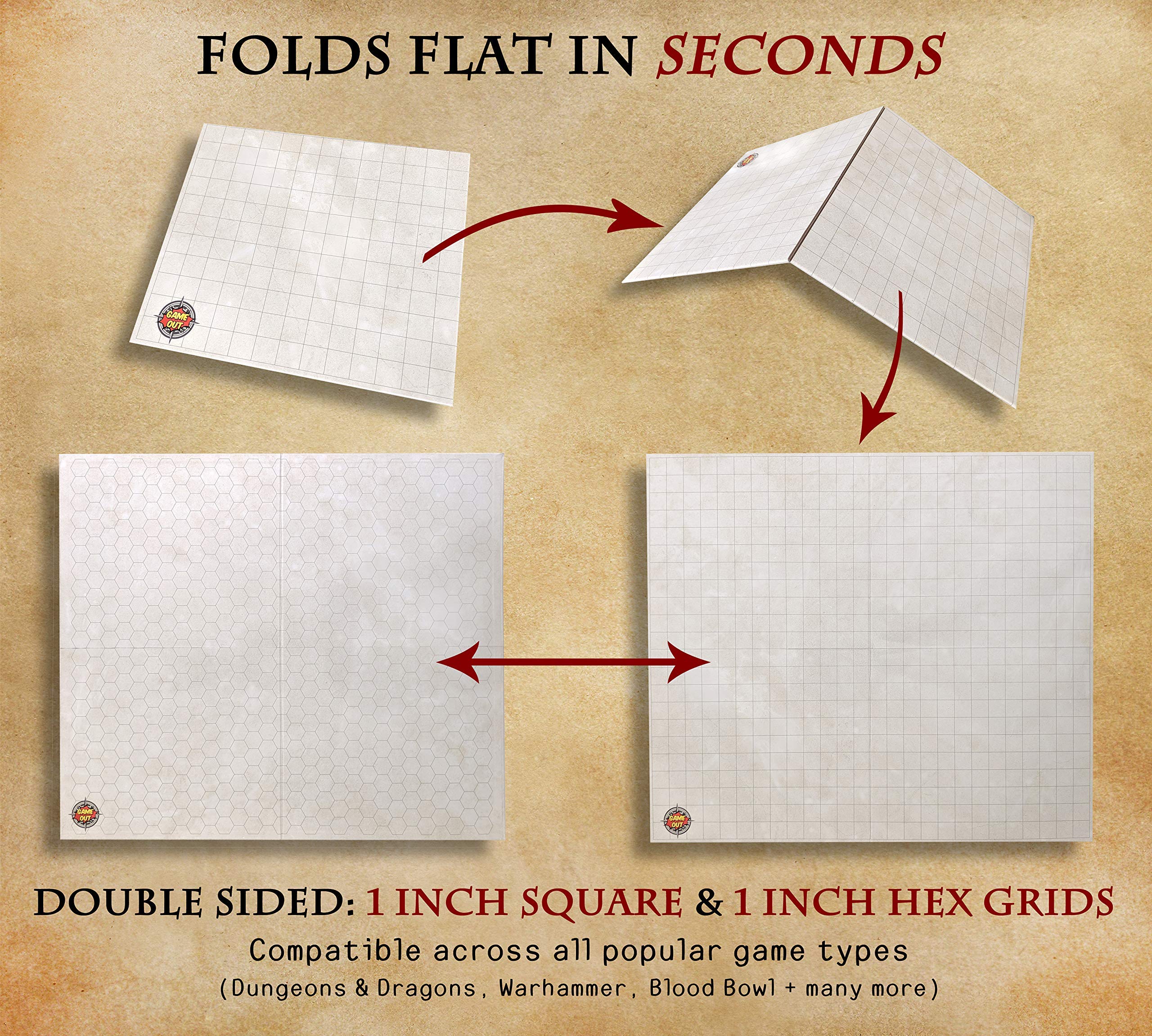 Foldable RPG Battle Grid Game Mat Set 27 x 23 inch FoldFlat