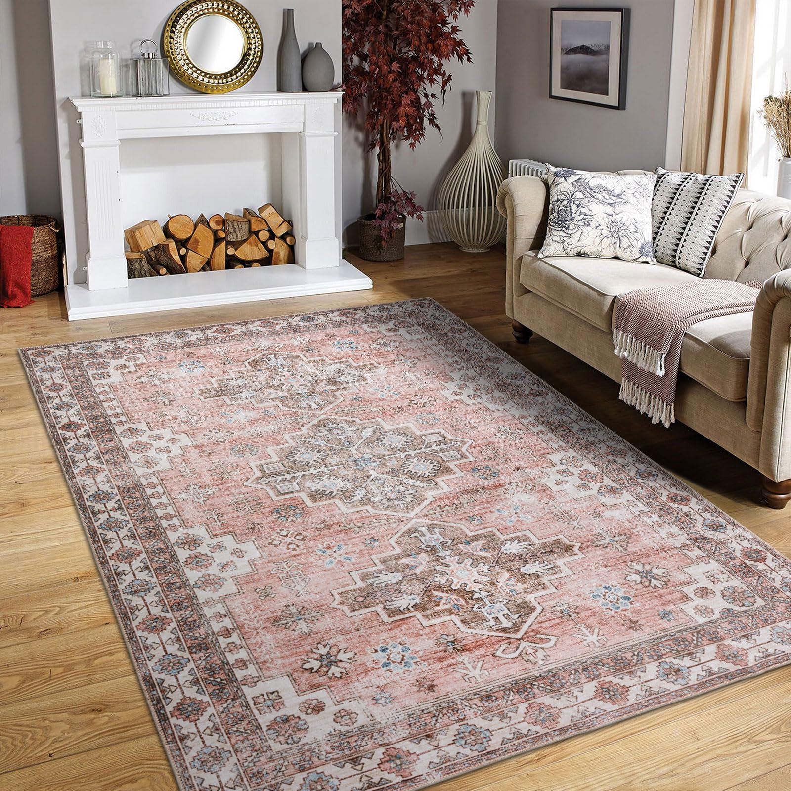 Meiko Boho Area Rug, 5'×7' Washable Vintage Rug, Non-Slip Oriental Floral Rug, Non-Shedding Accent Carpet with Low Pile for Living Room, Bedroom, Dining Room, Office, Classroom, Pink