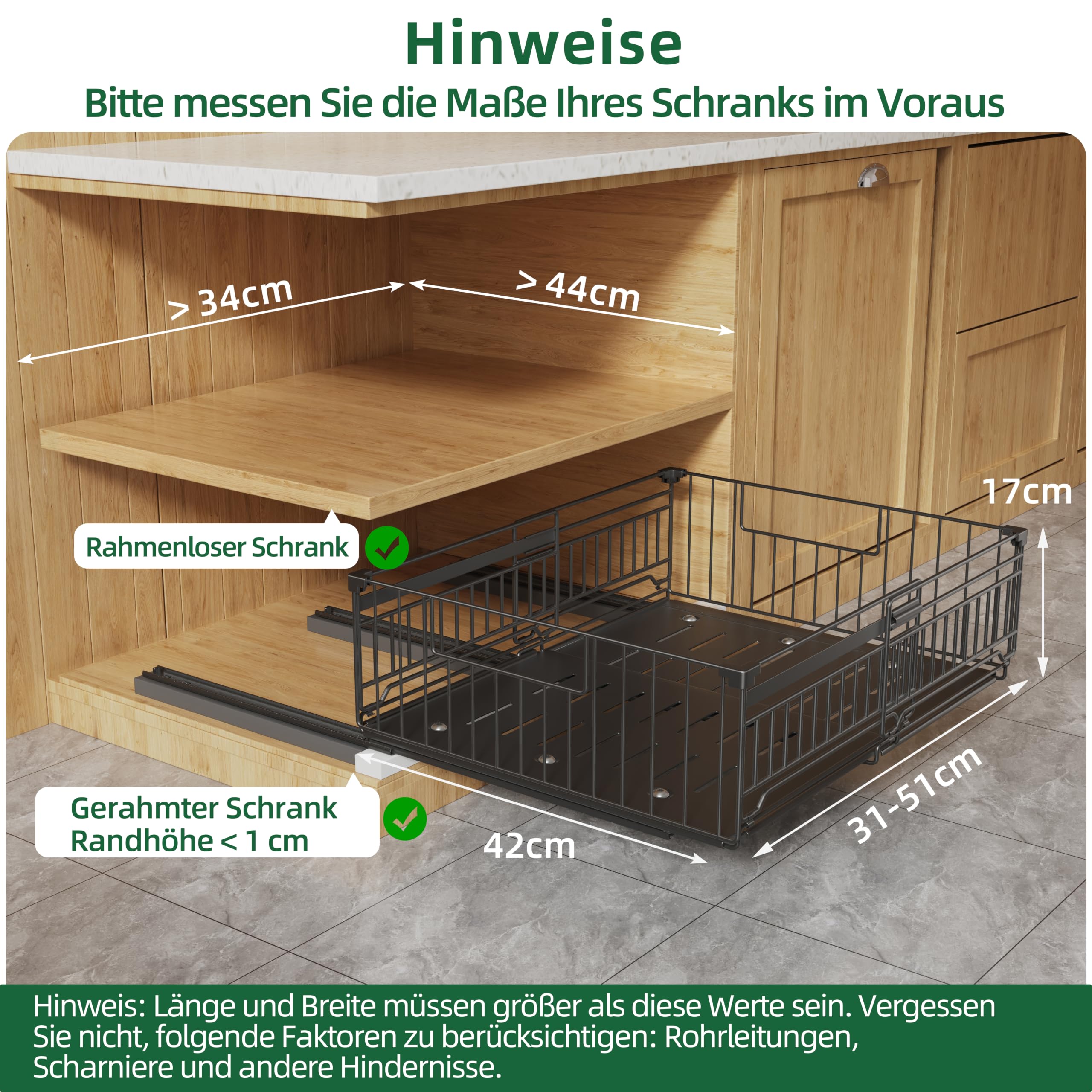 NETEL 2 Stück teleskopschublade ausziehbare schublade küche,schrank organizer,ausziehbare schrankkörbe,Schwarz,33-51W x 42D x 18H CM