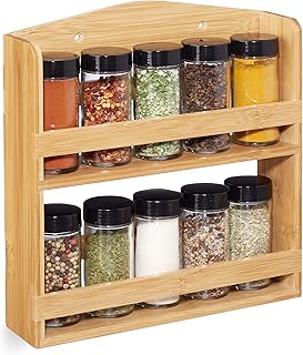 Relaxdays 10028825 stojak na przyprawy, 10 słoików na zioła z wkładkami shaker i nakrętkami, stojący i wiszący, Bambus, naturalny, szkło, plastik
