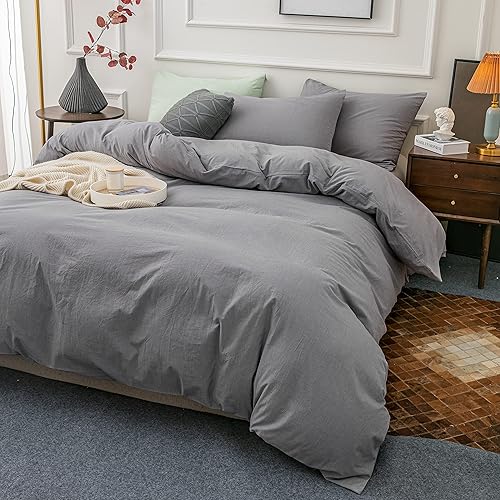 Miniatura 8 de Janlive Juego de funda de edredón de algodón lavado, 100% algodón, color liso, azul claro, con cierre de cremallera, 3 piezas, color azul claro,