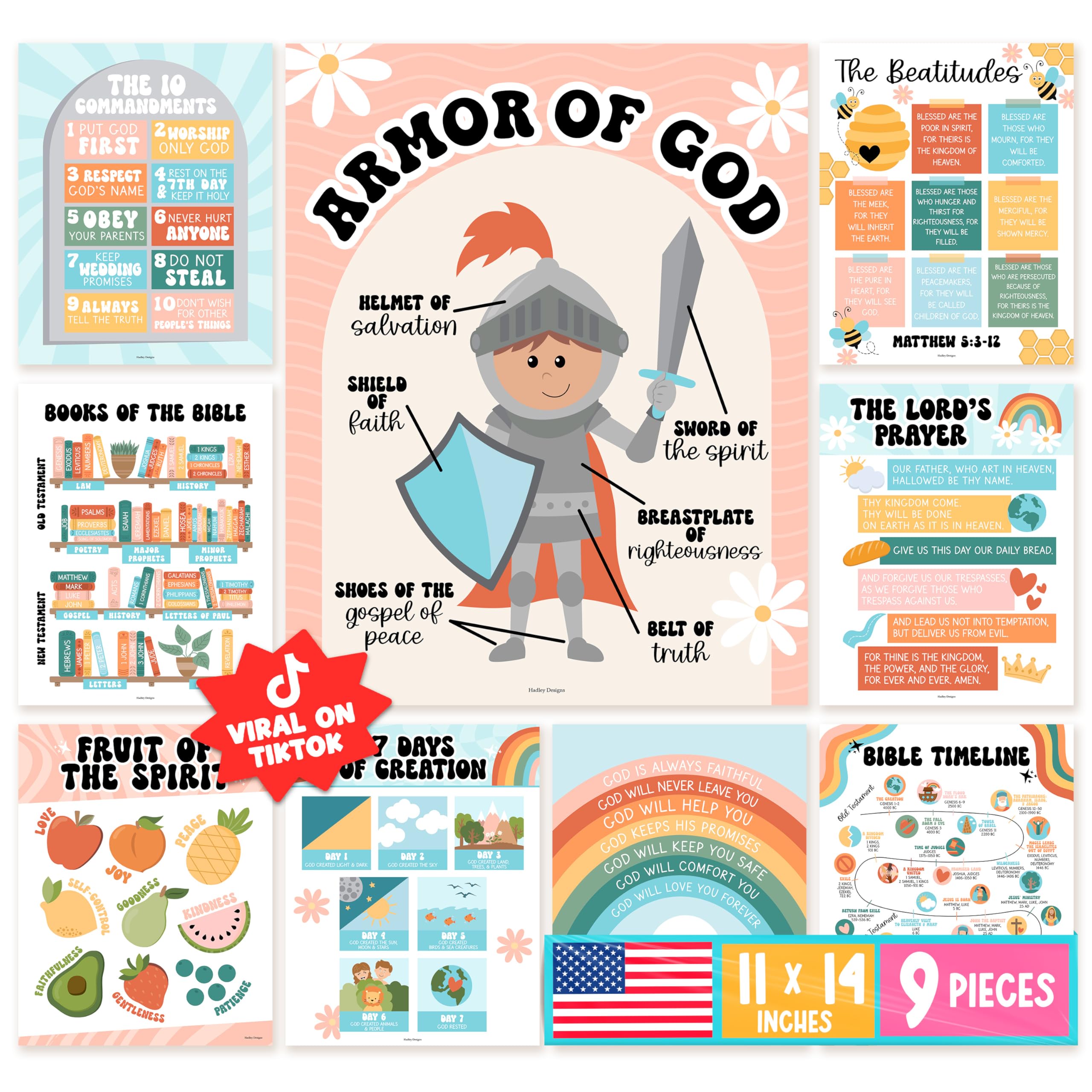 Hadley Designs Sunday School Decorations for Classroom – 9 Bible Posters for Kids, 11x14in Books of the Bible Poster, 10 Commandments, Fruits of the Spirit & More – Retro Christian Classroom Decor