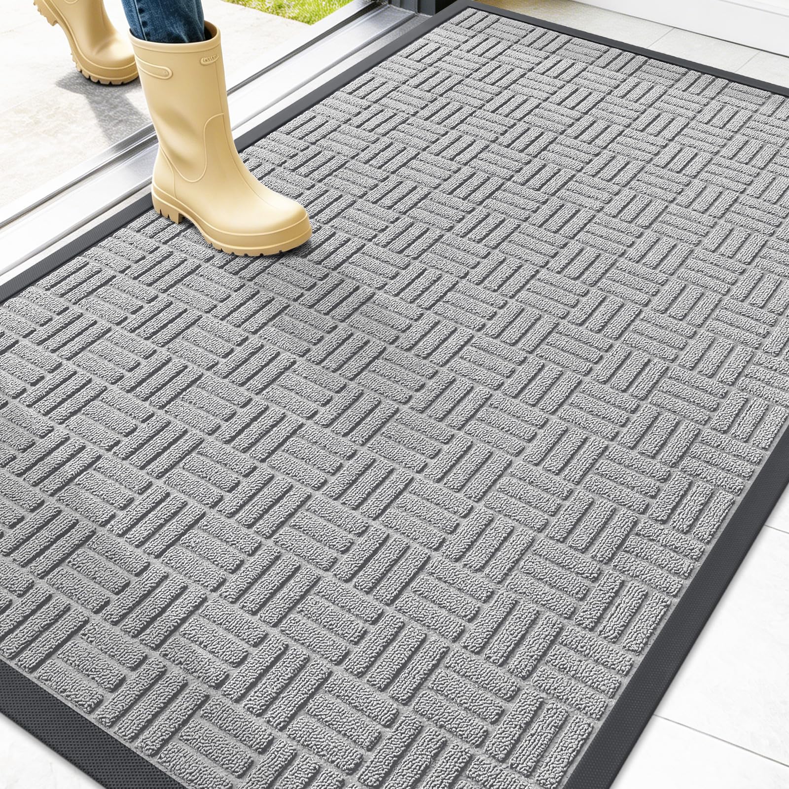 OLANLY Front Door Mat Outside Entrance 47x32, Heavy-Duty Rubber Doormat | Light Gray, Stain and Fade Resistant, Non-Slip Backing, Low-Profile Indoor Outdoor Floor Mat for Entryway, Easy to Clean