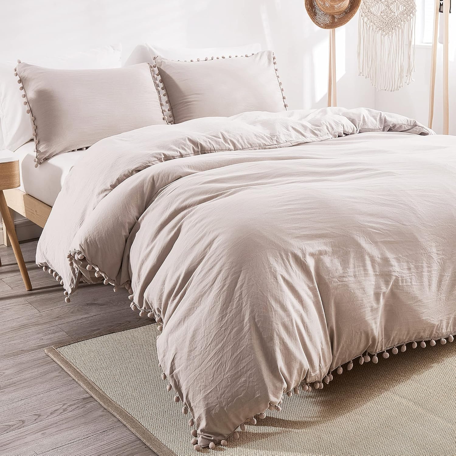 Andency Pom Pom Fringe Duvet Cover Full Size (79x90 Inch), 3 Pieces (1 Solid Khaki Duvet Cover, 2 Pillowcases) Soft Washed Microfiber Duvet Cover Set with Zipper Closure, Corner Ties