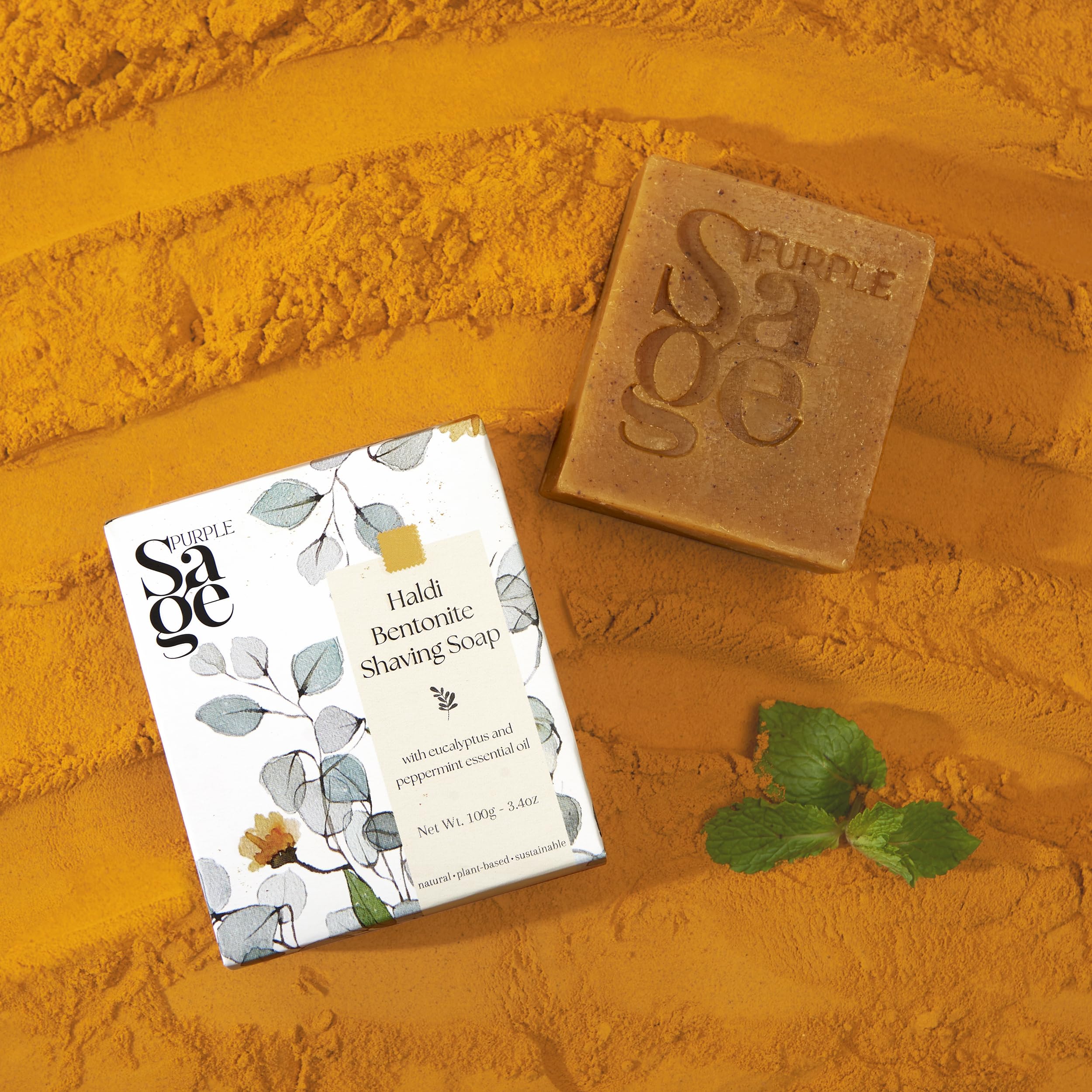 PURPLE SAGE Haldi Bentonite Shaving Soap Bar | Handmade Organic Bath Soap | 100g (Pack of 1) | Natural Turmeric Shave Bar with Eucalyptus & Peppermint Oil | Paraben Free | For Men Grooming