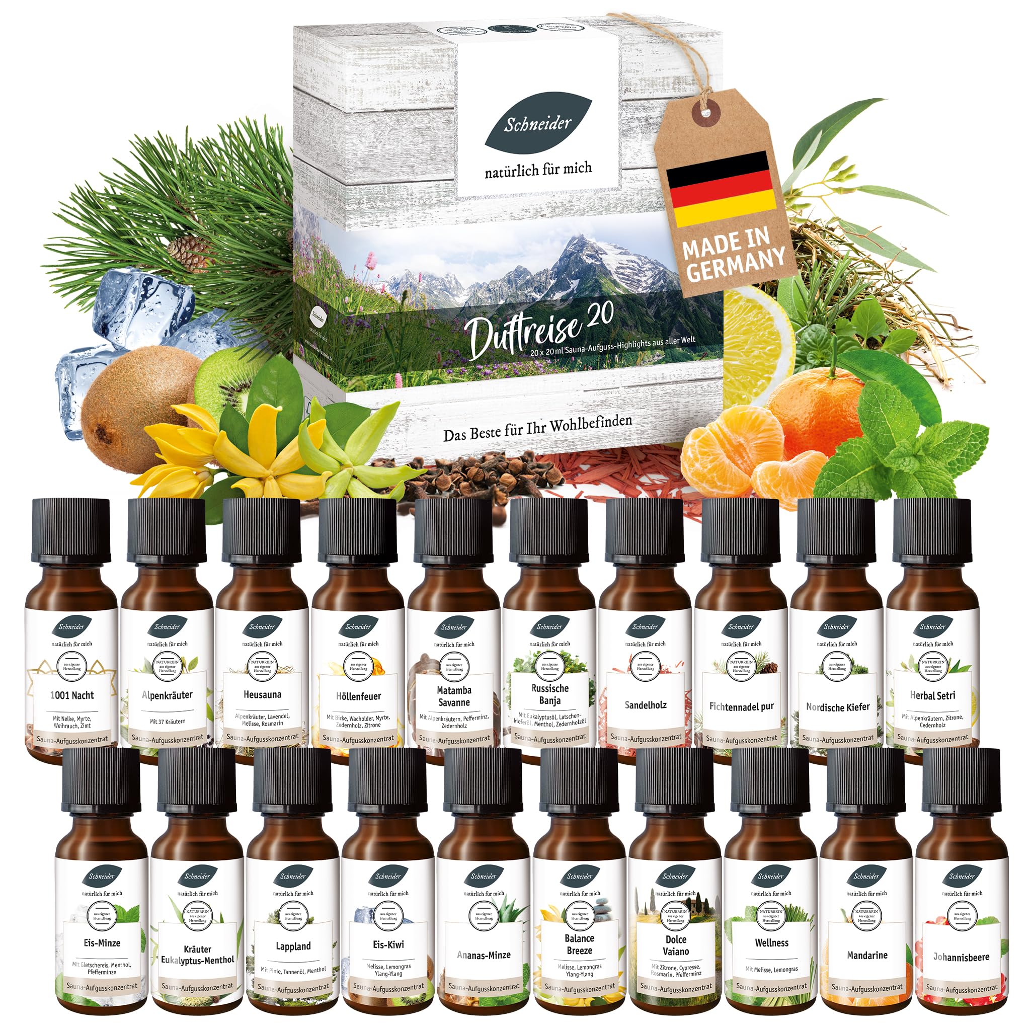 Saunabedarf Schneider Sauna Aufguss Set „Duftreise 20“: 20 x 20 ml, naturreine ätherische Öle, vielfältige Duftkompositionen aus aller Welt, Saunaaufguss Set Wellnessmomente & Abwechslung