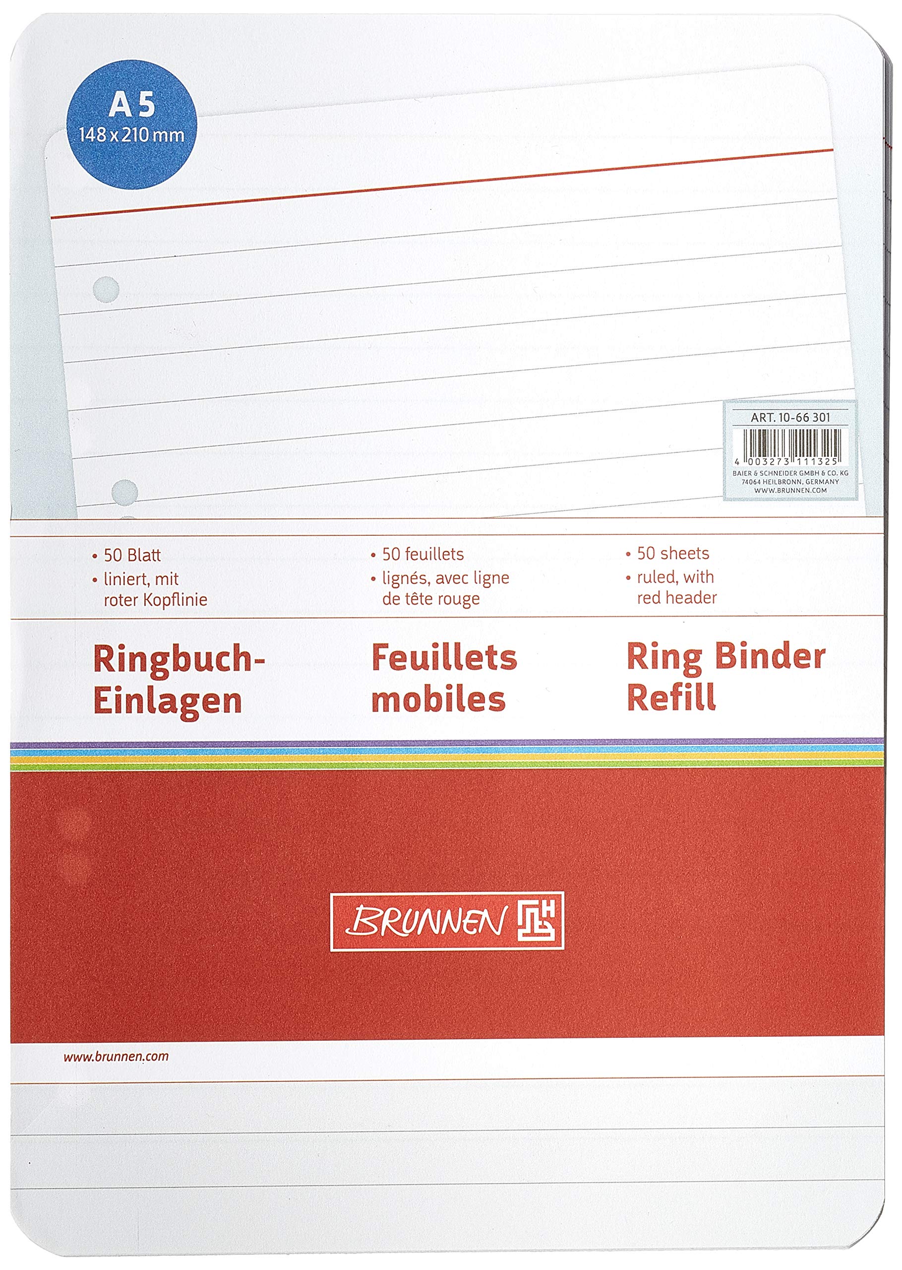 Brunnen 1066301 Ring Binder Inserts (A5, Ruled with red Head line, 50 Sheets, 70 g/m²)