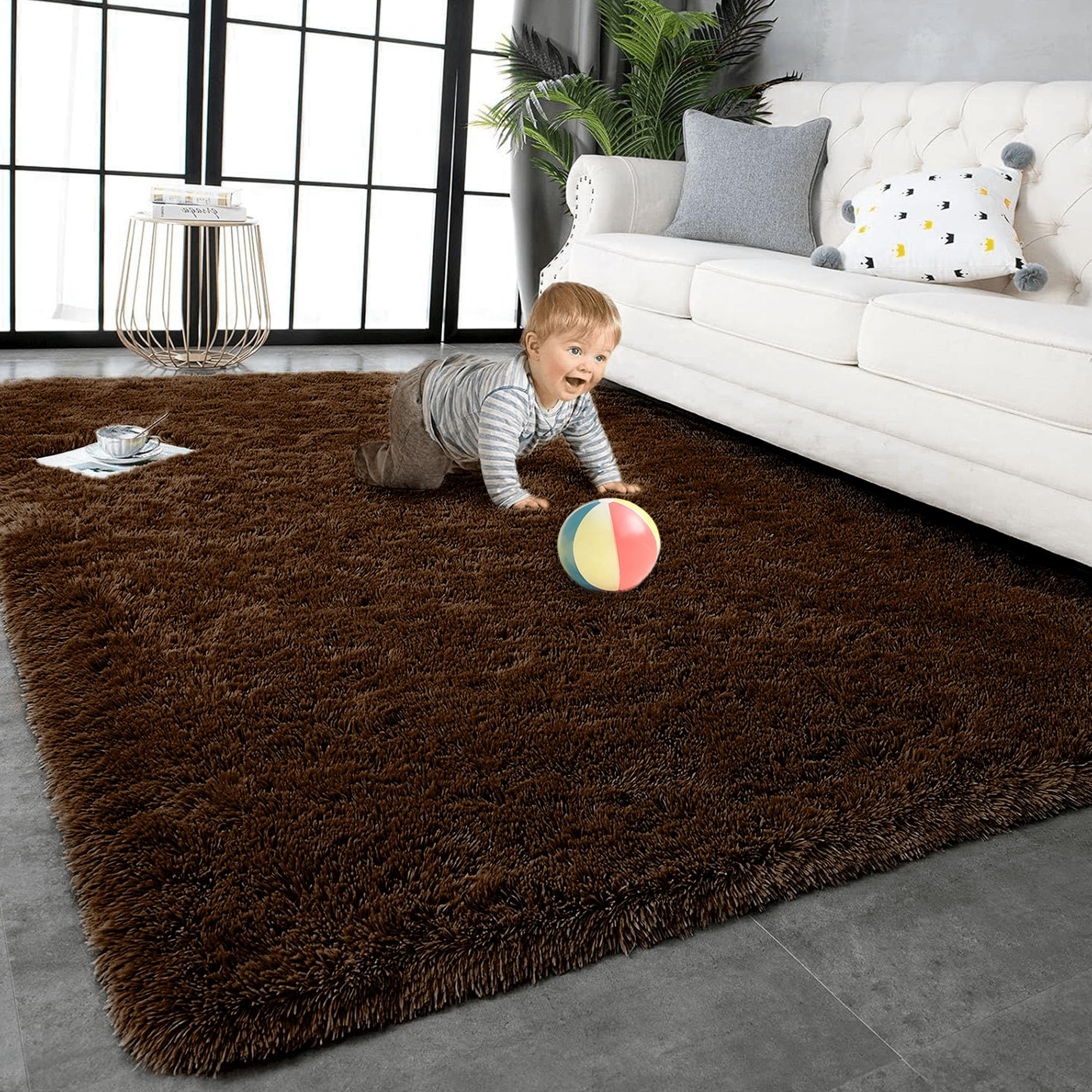 Moderner Hochflor 380 x 580 cm Flauschiger Hochflor Faux Lammfell Schaffell Teppich Waschbar Flauschig Weich Einfarbig Felloptik für Kinderzimmer Teenager Schlafsaal, braun
