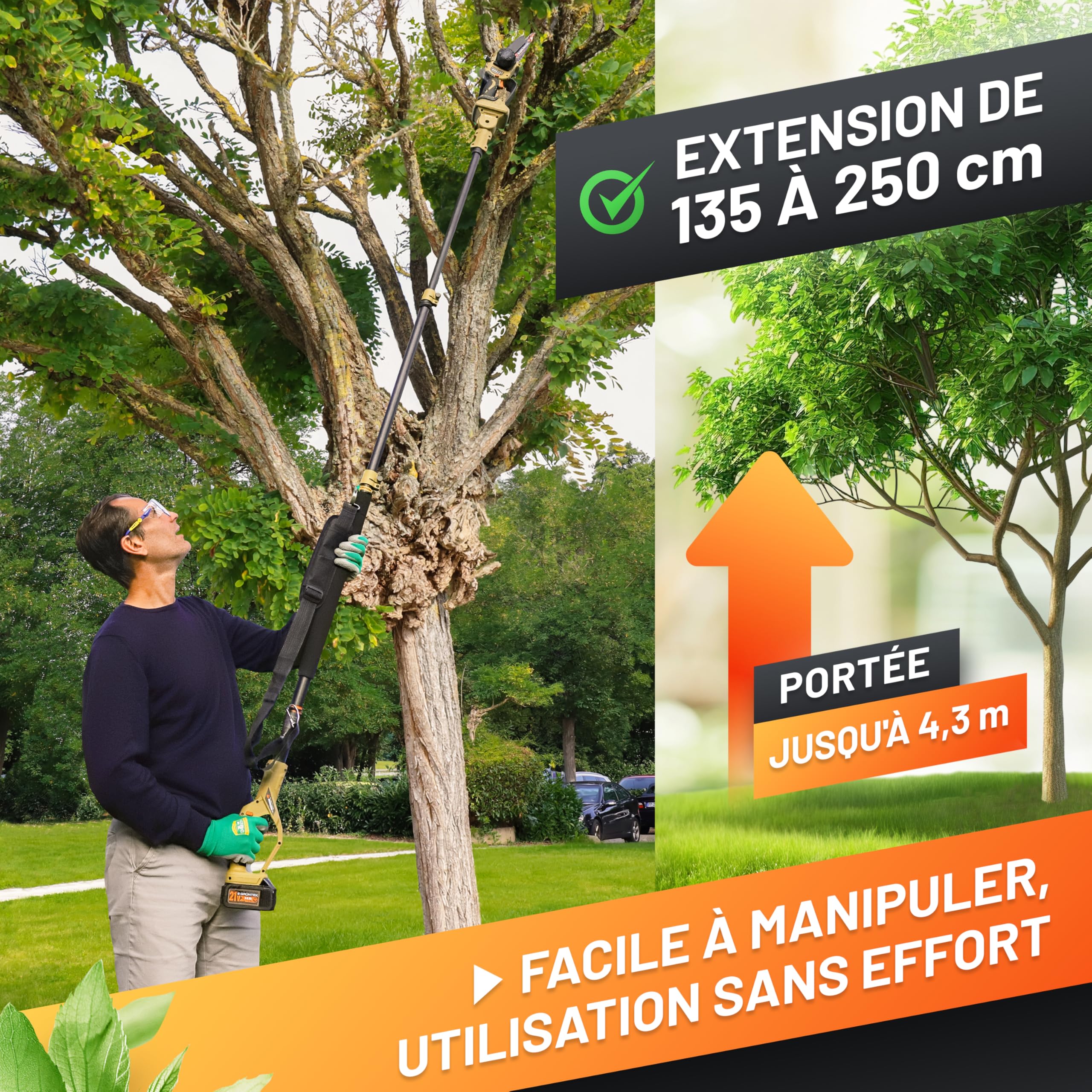 GRÜNTEK Scie Perche Télescopique – Rallonge Mini-Tronçonneuse et Rallonge Sécateur Électrique – Perche Tronçonneuse Aluminium 135-250 cm pour Élagage et Taille Branches en Hauteur