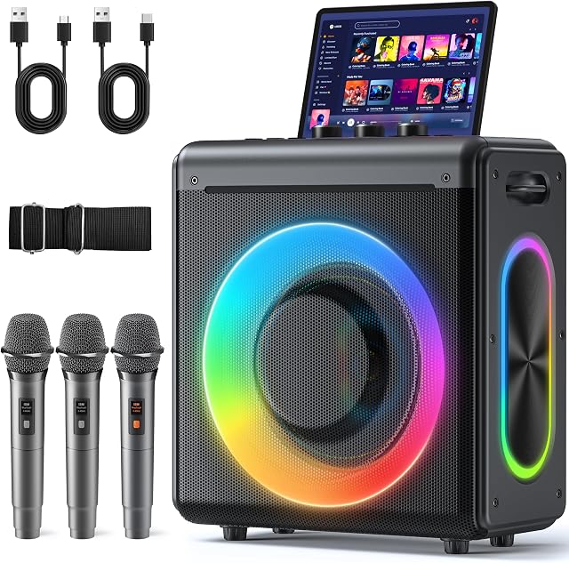 Karaoke Machine, 3 Wireless Rechargeable Microphones, 200W Speaker | Bluetooth 5.3, 20H playtime, LED lights, Portable, tablet holder and TWS for family karaoke, home parties and outdoor events