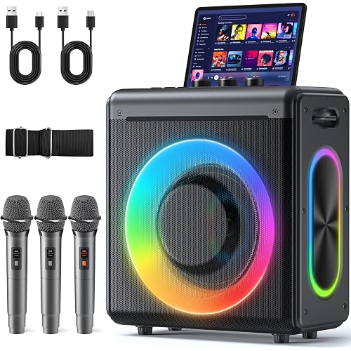 Karaoke Machine with 3 Wireless Rechargeable Microphones, Portable Bluetooth Speaker & PA System with LED Lights, Designed for Adults & Kids Home Parties, Supports TWS/TF Card/USB/AUX