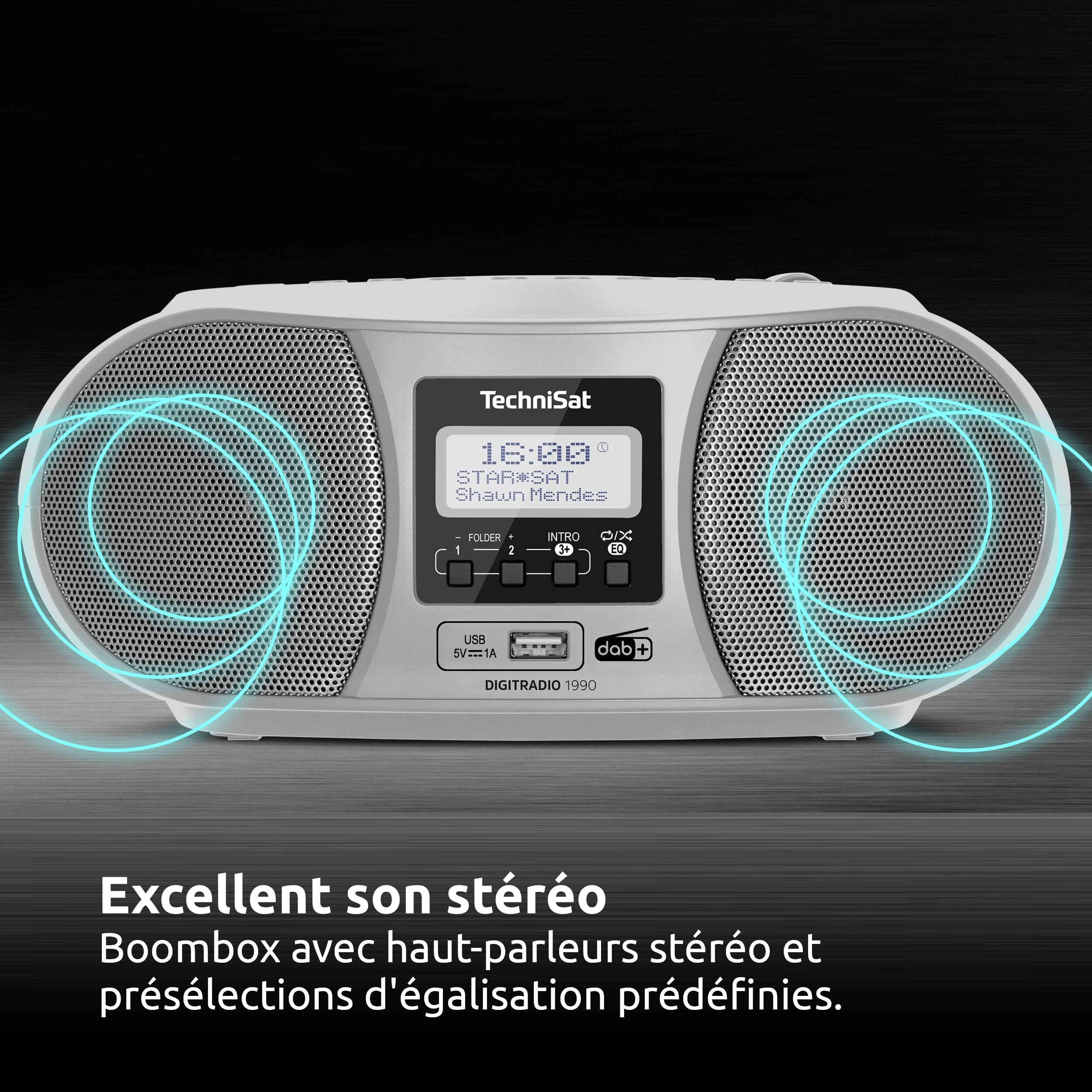 TechniSat DIGITRADIO 1990 - stéréo Boombox avec Radio Dab +/FM et Lecteur CD (Streaming Audio Bluetooth, Connexion Casque, USB, entrée AUX, Fonction de Charge, Horloge, 2 x 1,5 W) Argent