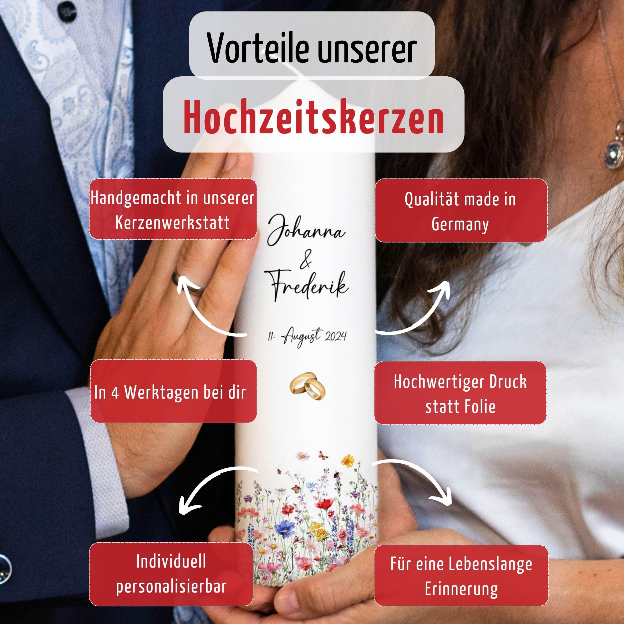 Hochzeitskerze Wildblumen Rundumdruck | 15-30 cm Höhe | Traukerze | Personalisierte Kerze | Hochzeitsgeschenk