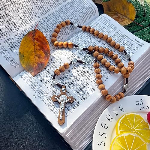 Miniatura 5 de Rosario de cuentas de madera negra, collar de cruz hecho a mano para oración y meditación, Madera, No es una piedra preciosa