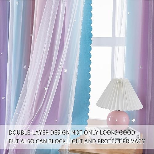 Miniatura 2 de XiDi Blue Curtains for Bedroom, Blackout Curtain for Kids Room, Pink and Purple Curtain Double Layer Drapes 42 Inchs Long 52 inches Wide 1 Panel