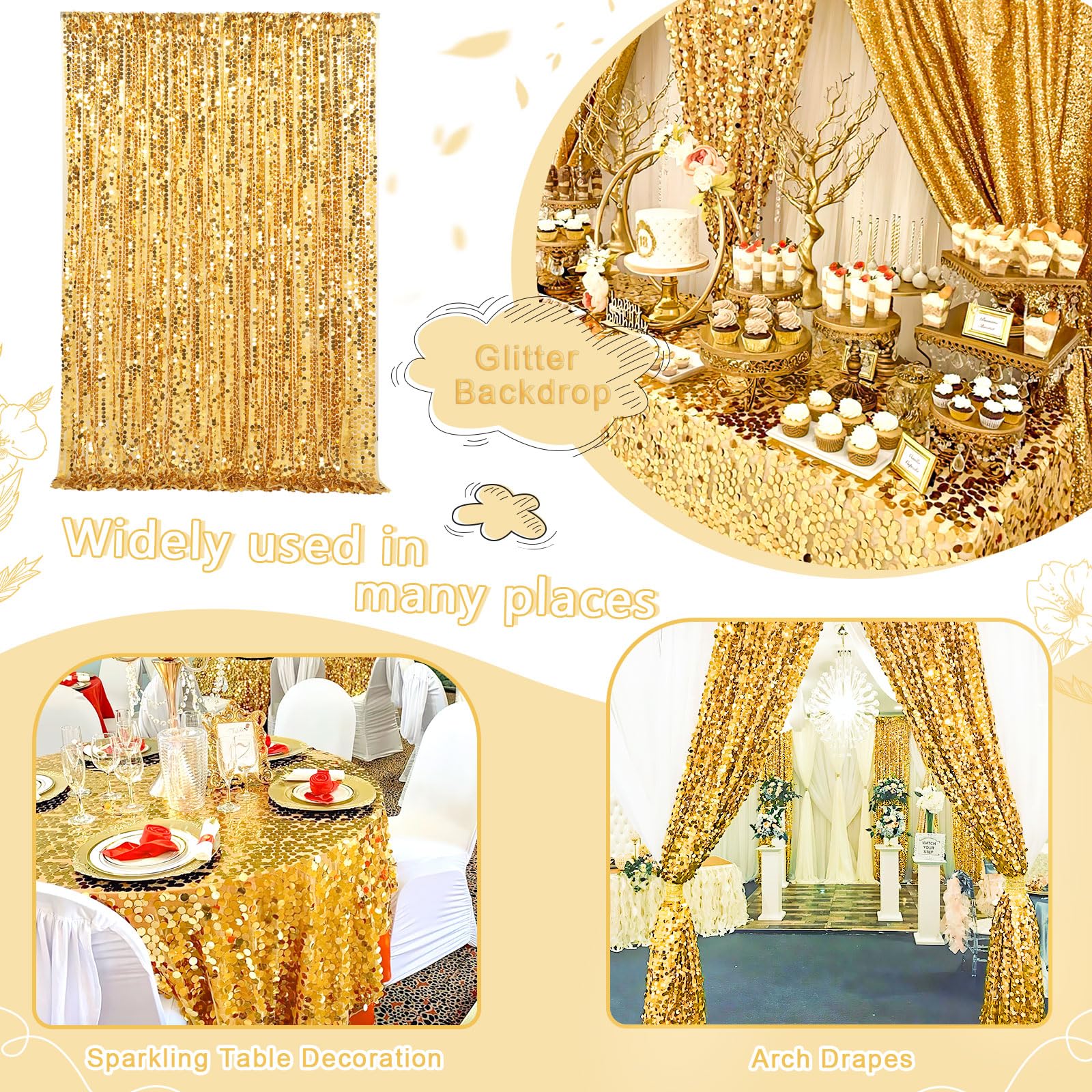 Big Payette - Sfondo con paillettes, 1,2 x 2,4 m, colore: oro, luccicante, tende in tessuto glitterato per feste di compleanno e baby shower