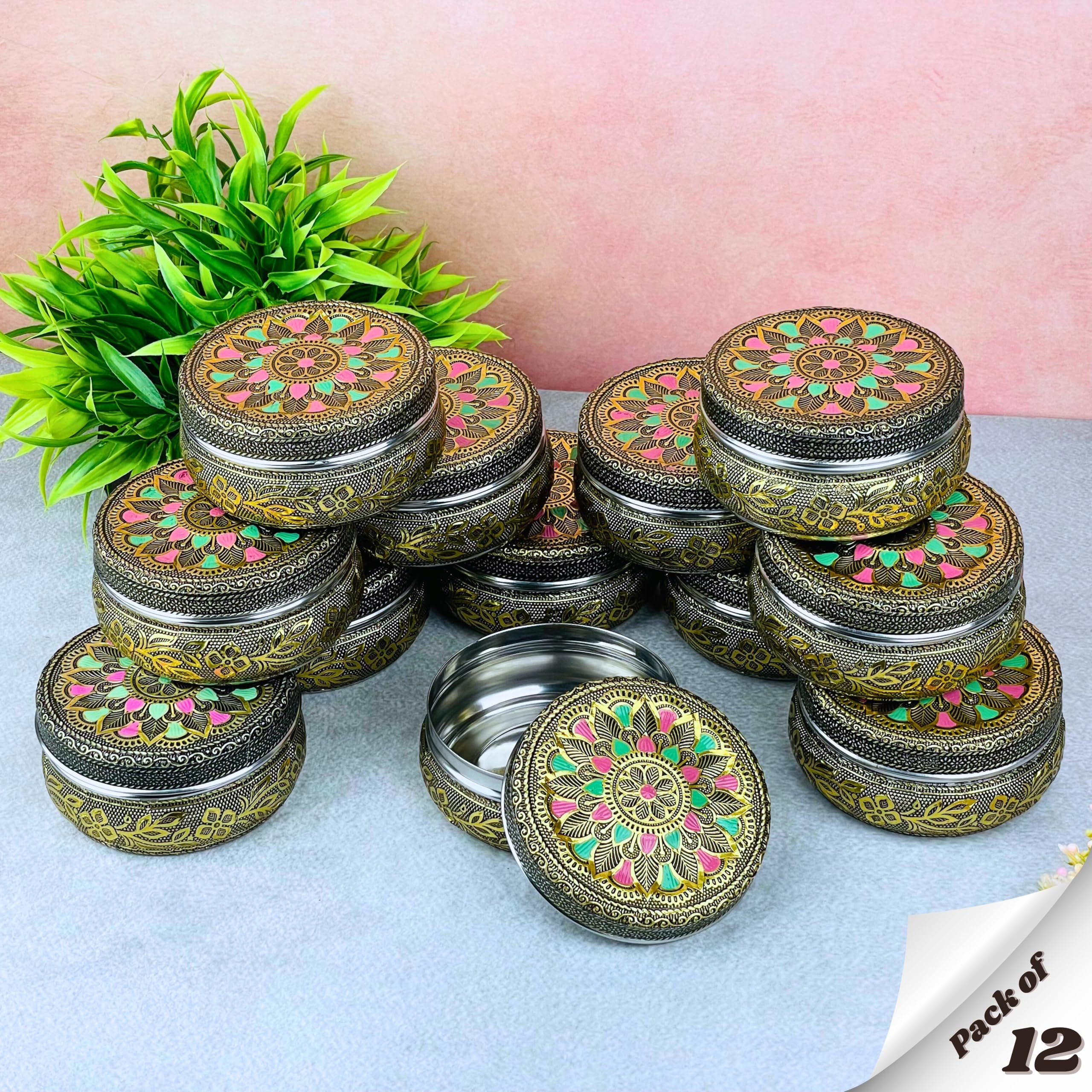 NAVRANG Floral Mandala Steel Container with Lid for Kitchen Storage | Oxidized Meenakari Snack Box | Stainless Steel Dabba for Dry Fruits, Mukhwas, Spices, Return Gift (Pack of 12)-image-33