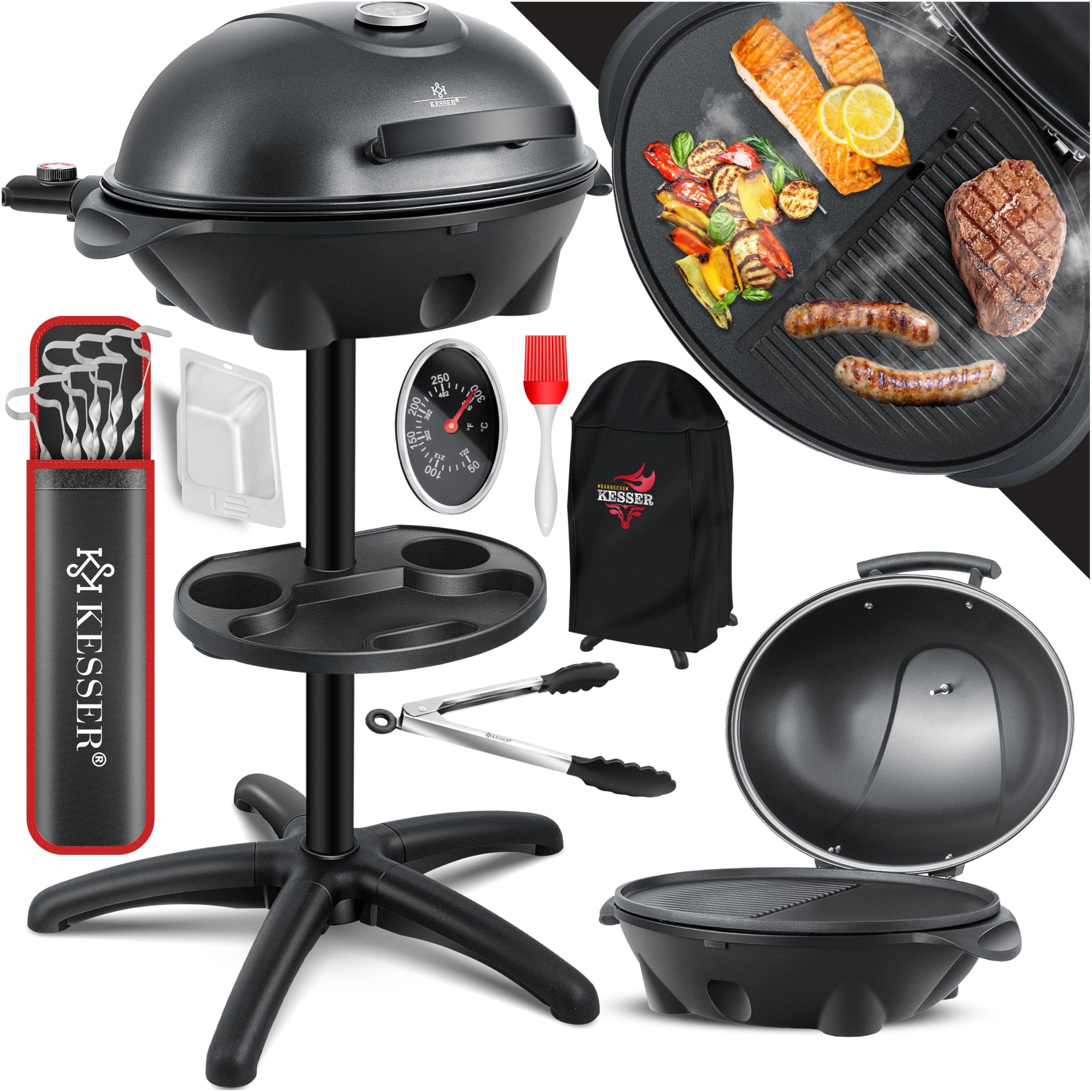 KESSER® Barbecue électrique 2 en 1, sur pied, couvercle, thermomètre, 2400 W, revêtement antiadhésif, plaque de cuisson XXL, rangement intégré