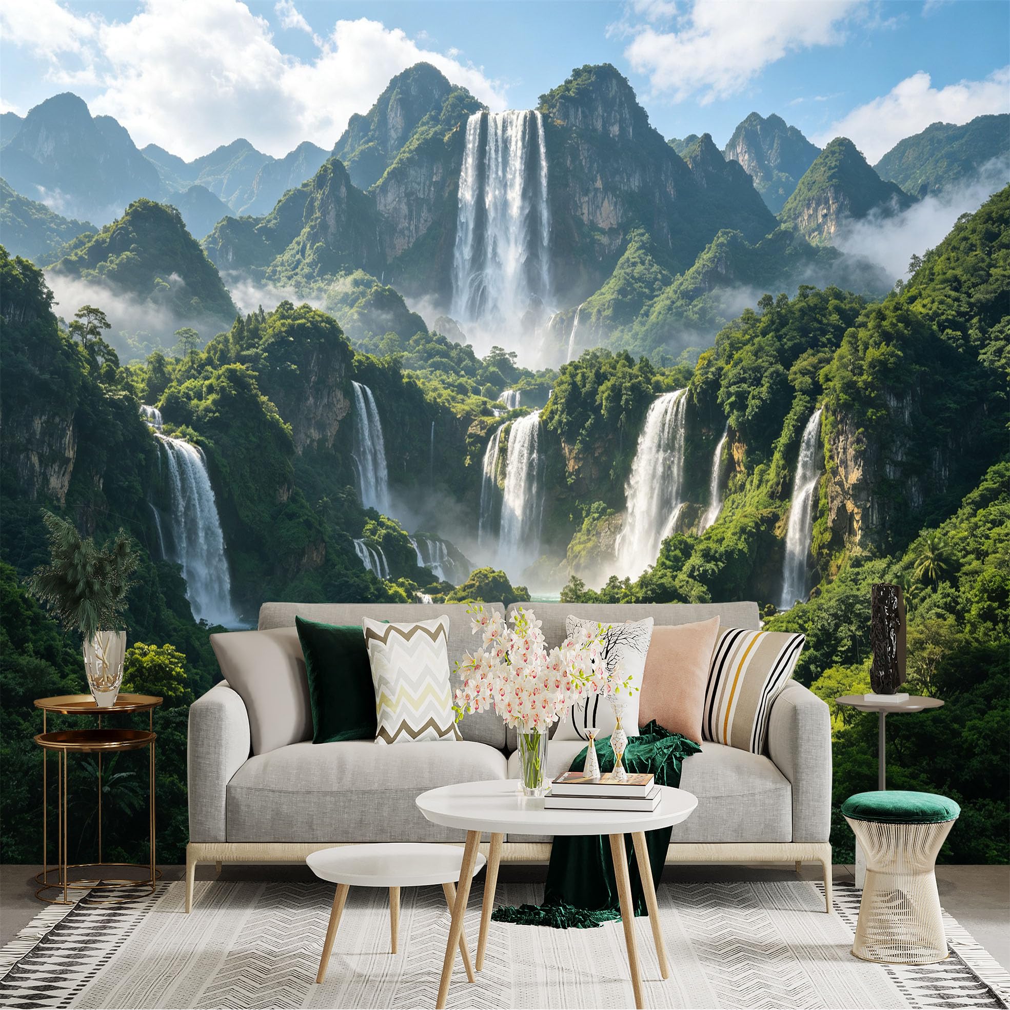 Custom Size Wall Sticker Mural， Majestic Waterfall Cascading into Turquoise Lake， Lush Green Mountain Forest Scenery， for wall Decoration， peelandstick wall Decals.