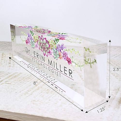 Miniatura 3 de Artblox - Placa de nombre personalizada para escritorio de oficina, diseño de suculentas sobre cristal acrílico transparente, decoración de