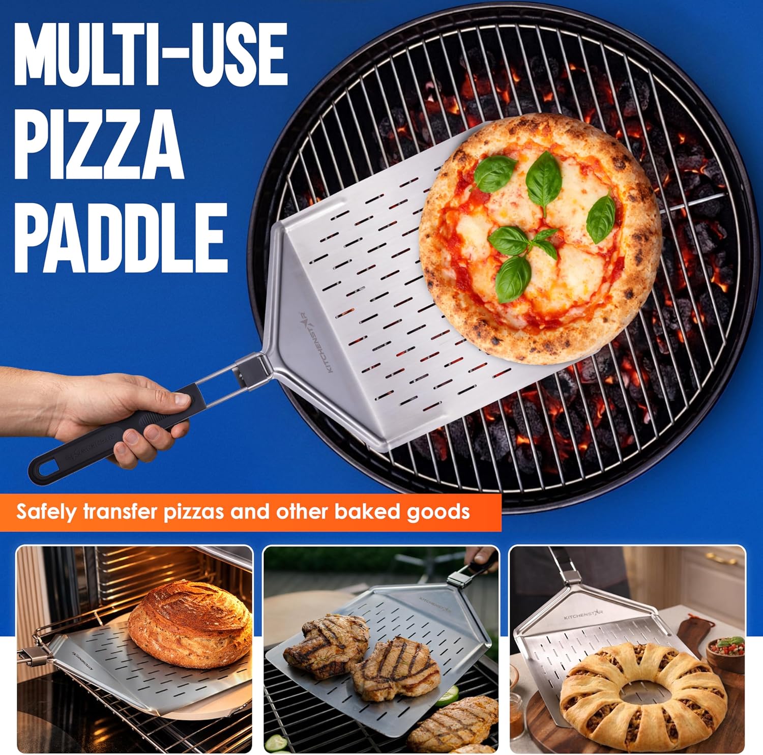 KitchenStar Perforated Pizza Peel 12 inch with 10 inch Folding Handle, Medium - Stainless Steel Spatula Paddle for Effortless Pizza Transfer & Easy Storrage - Outdoor Pizza Oven Accessories