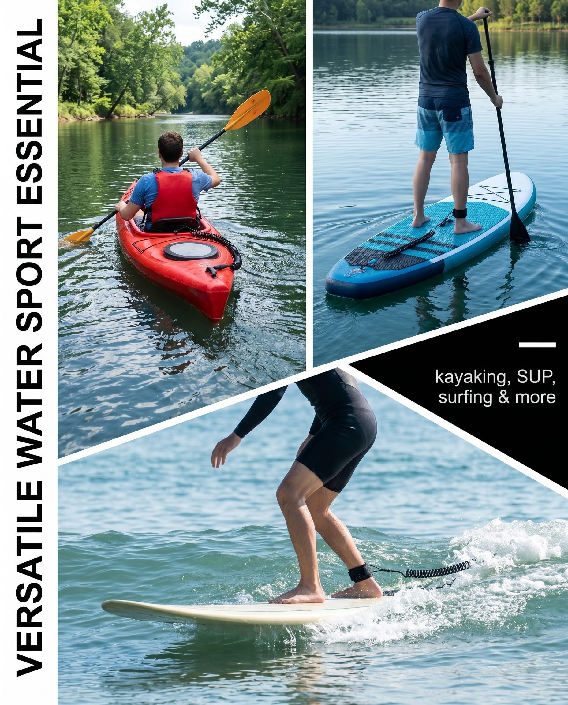 Corda Traino SUP & Kayak 1 Pz Nero 5,5 mm – Fibra Sintetica Resiliente al Sale, Design Anti-Attorcigliamento per Controllo Rapido in Onda e Recupero Sicuro