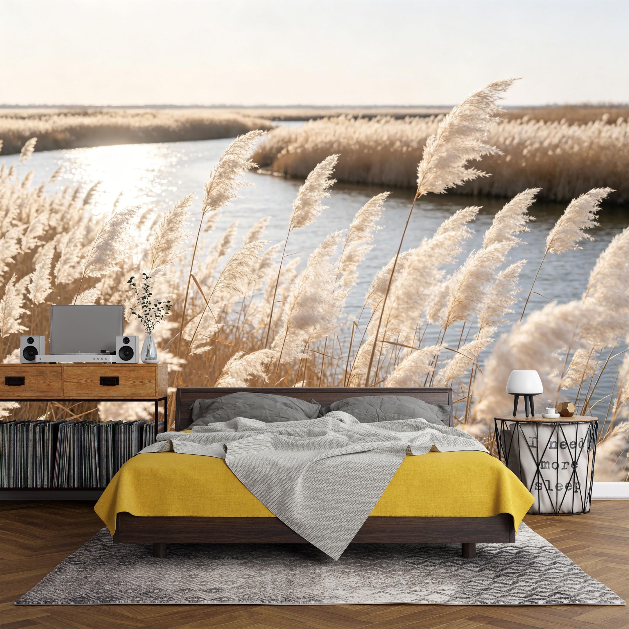 Custom Size Wall Mural， Landscape River Reed Sunset Nature Scene，SelfAdhesive Art Prints wall Fabric (No PVC) Removable Wallpaper Living Room Decor