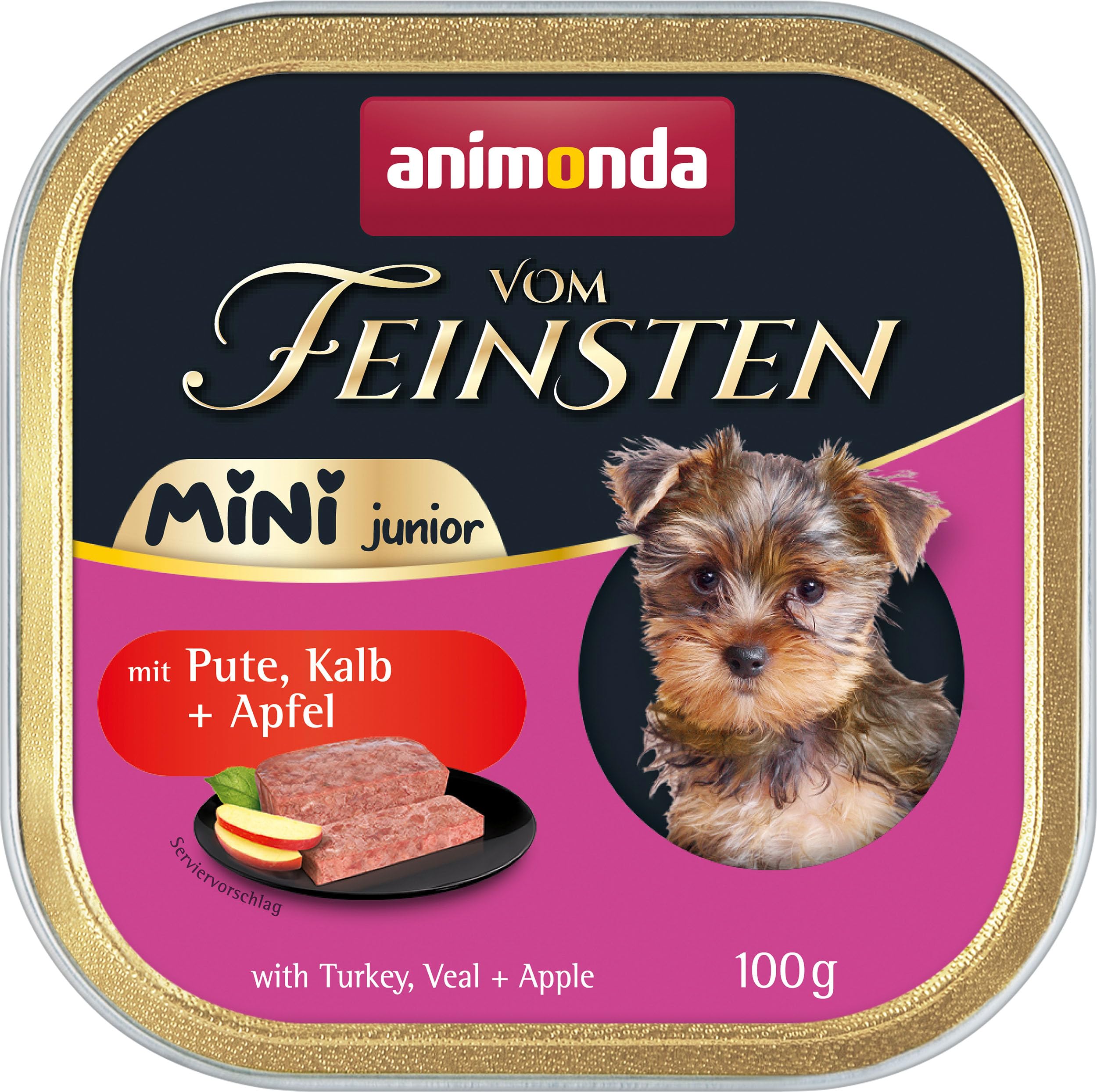 animonda Vom Feinsten Mini Junior Hundefutter nass mit Pute, Kalb und Apfel (32 x 100 g), getreidefreies Welpenfutter ohne Zucker und Soja für kleine Hunderassen