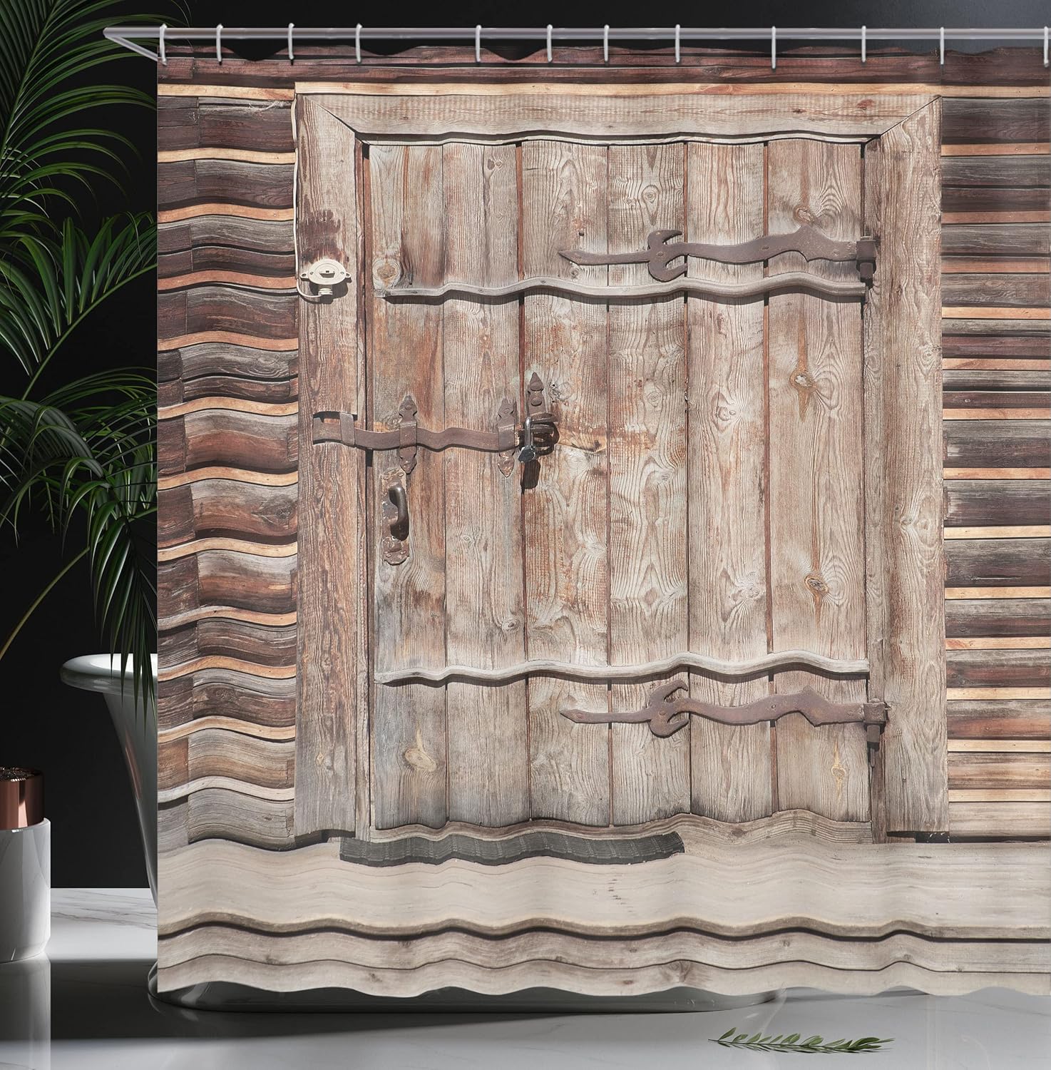 Ambesonne Rustic Shower Curtain, Timber Rustic Door in Wall of an Old Log House Abandoned Building Entrance Gate, Cloth Fabric Bathroom Decor Set with Hooks, 69" W x 84" L, Ivory Brown Ecru