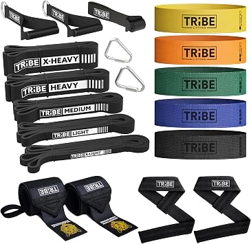 Workout Set of 5 Pull-Up Bands, Rubber Handles, Door Anchor, 5 Fabric Resistance Bands, Wrist Wraps and Wrist Straps Multicolor