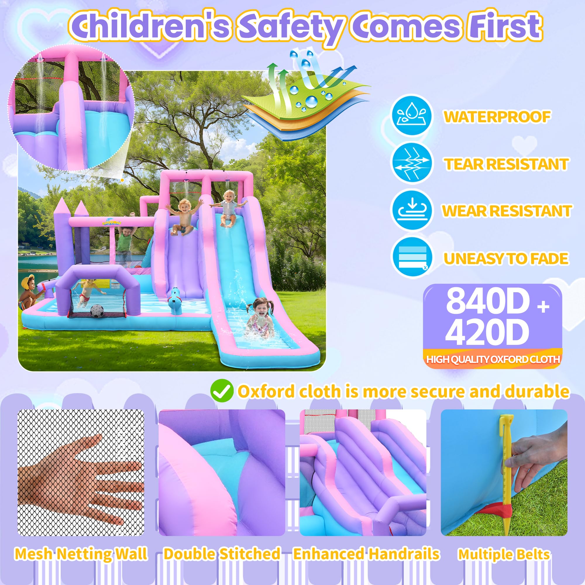 8-in-1 Aufblasbarer Wasserrutschen-Park, 6,1 m x 3,6 m Hinterhof-Hüpfhaus mit 5,5 m langer Rutsche & 2 Bodyboards, Kinder-Wasserrutschen für 3-10 Jahre, inklusive 650-W-Gebläse