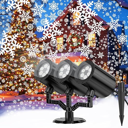 Christmas Snowflake Projector Lights Outdoor 360°Rotating Brightness Three Head Projection Lights Decor Suitable for Christmas, Indoor and Outdoor Party Decorations
