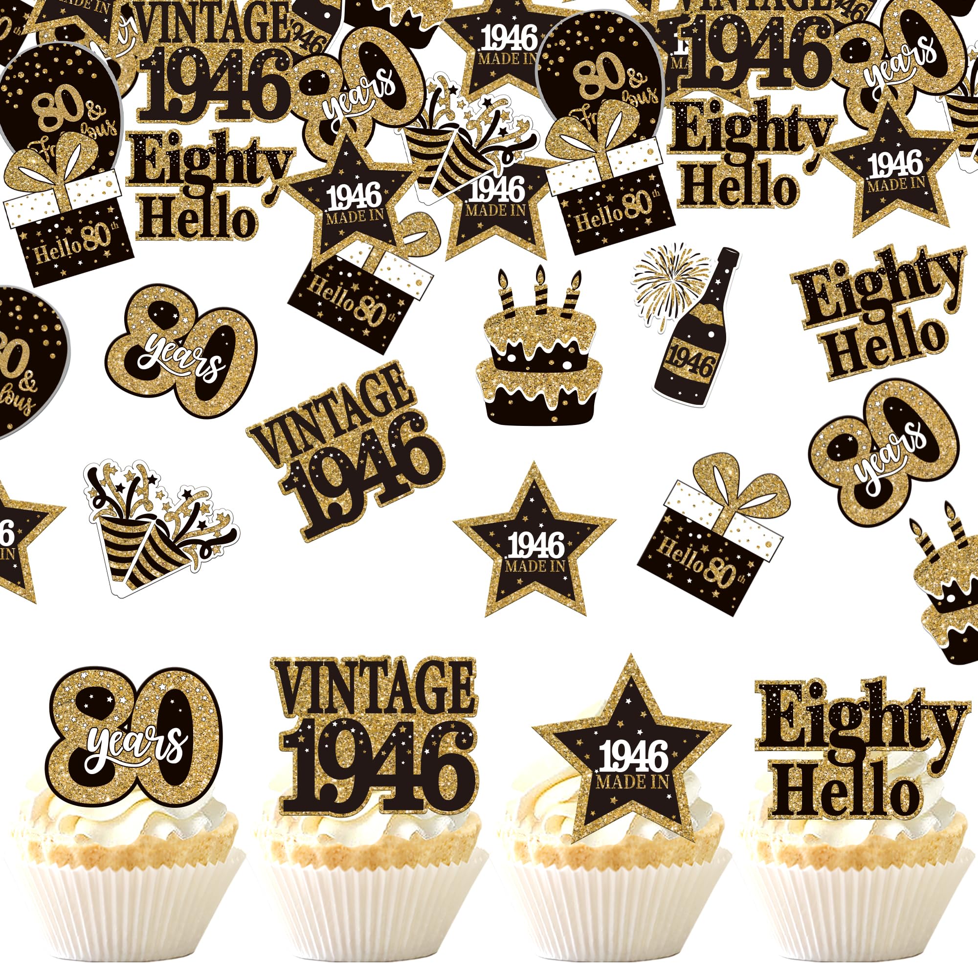 SYKYCTCY 63 Pack Edible Happy 80th Birthday Cupcake Toppers Eighty Vintage 1946 Cupcake Picks Cheers to 80 Years Decorations for Happy 80th Birthday Party Cake Decorations Supplies — image 1