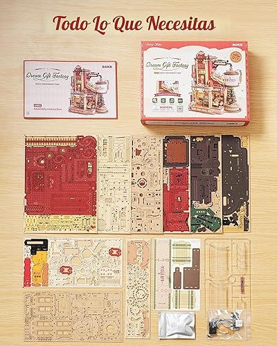 Miniatura 9 de ROKR Rompecabezas de madera 3D para adultos, kit de modelo mecánico de fábrica de regalos con música y luces, 449 piezas de rompecabezas de madera