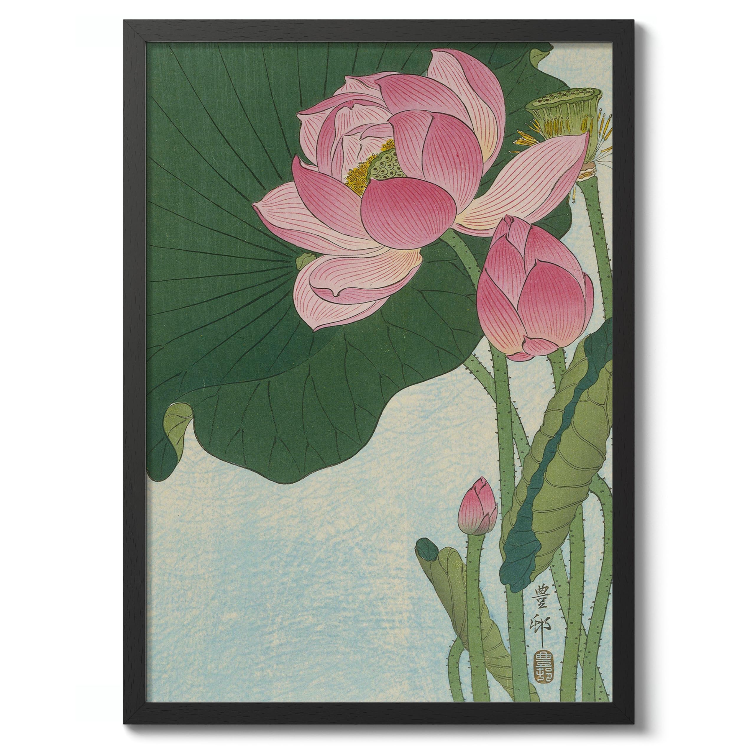 Blooming Lotus Flowers Ohara Koson Poster, Japanese Woodblock Ukiyo-E Print, Vintage Nature Art Picture Animal Painting Wall Art Exhibition, Japan Artwork Home Decor, A2 (Black Frame) - 62.5x45.1cm โ image 1