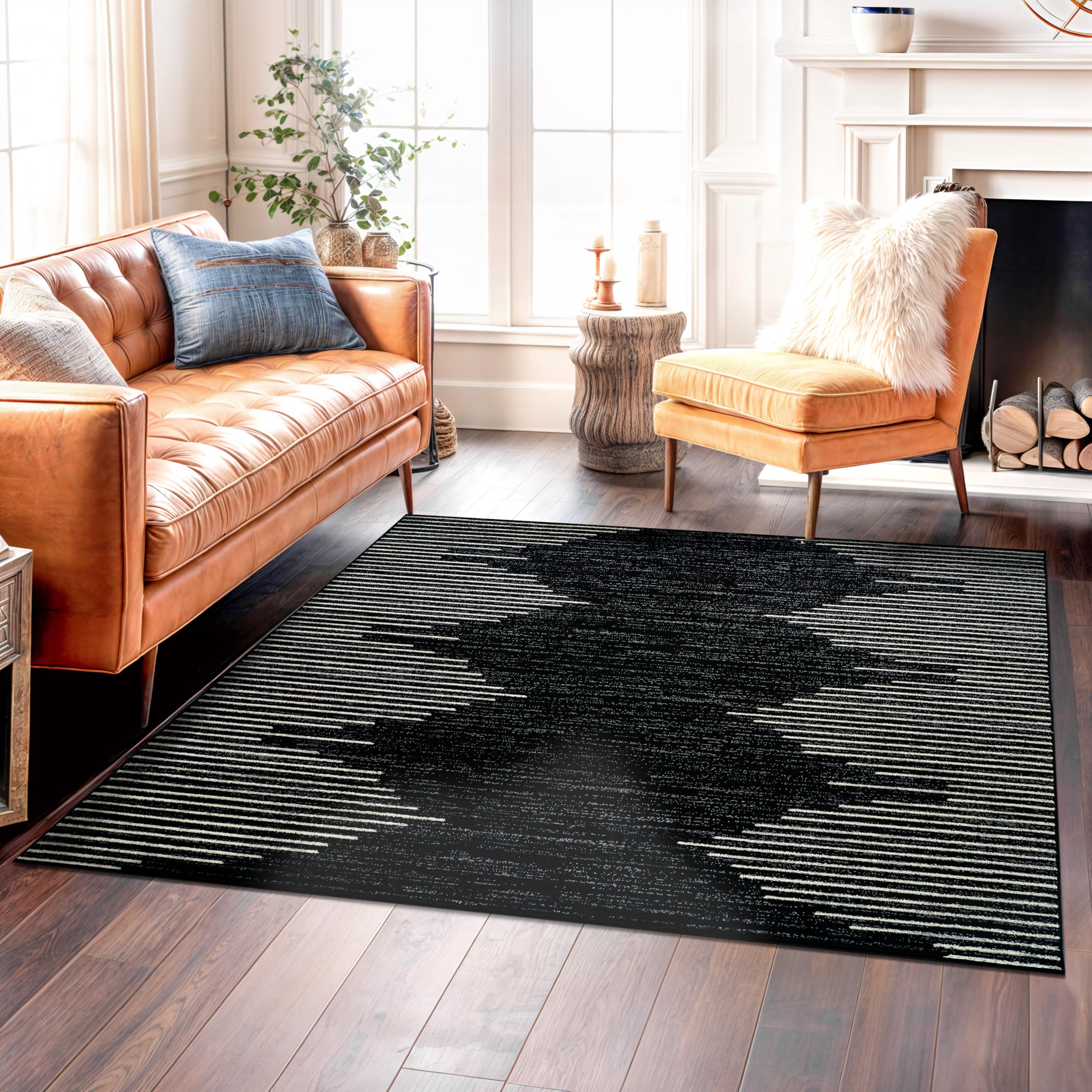 Rugshop Bohemian Stripe Stain Resistant High Traffic Living Room Kitchen Bedroom Dining Home Office Square Area Rug 6'6" x 6'6" Black