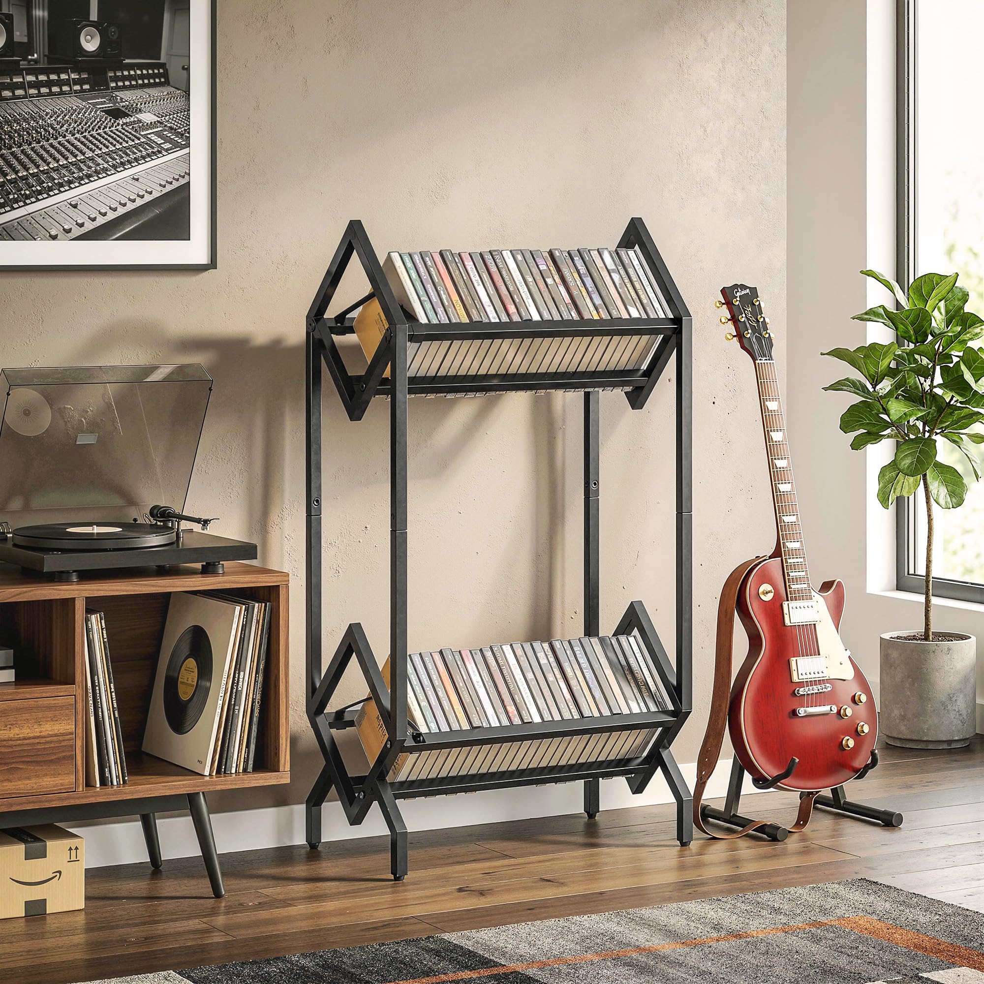 Meuble porte-CD HOMCOM à 2 niveaux en métal, étagère pouvant contenir 50 CD, peu encombrante, meuble porte- pour DVD et livres, pour le salon, la chambre à coucher ou le bureau, 45,2 x 25,4 x 80