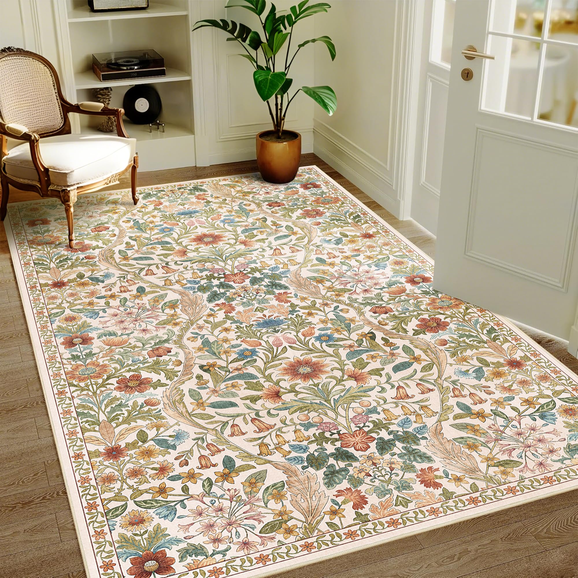 4x6 Floral Area Rug Soft Low Pile Boho Carpet for Living Room