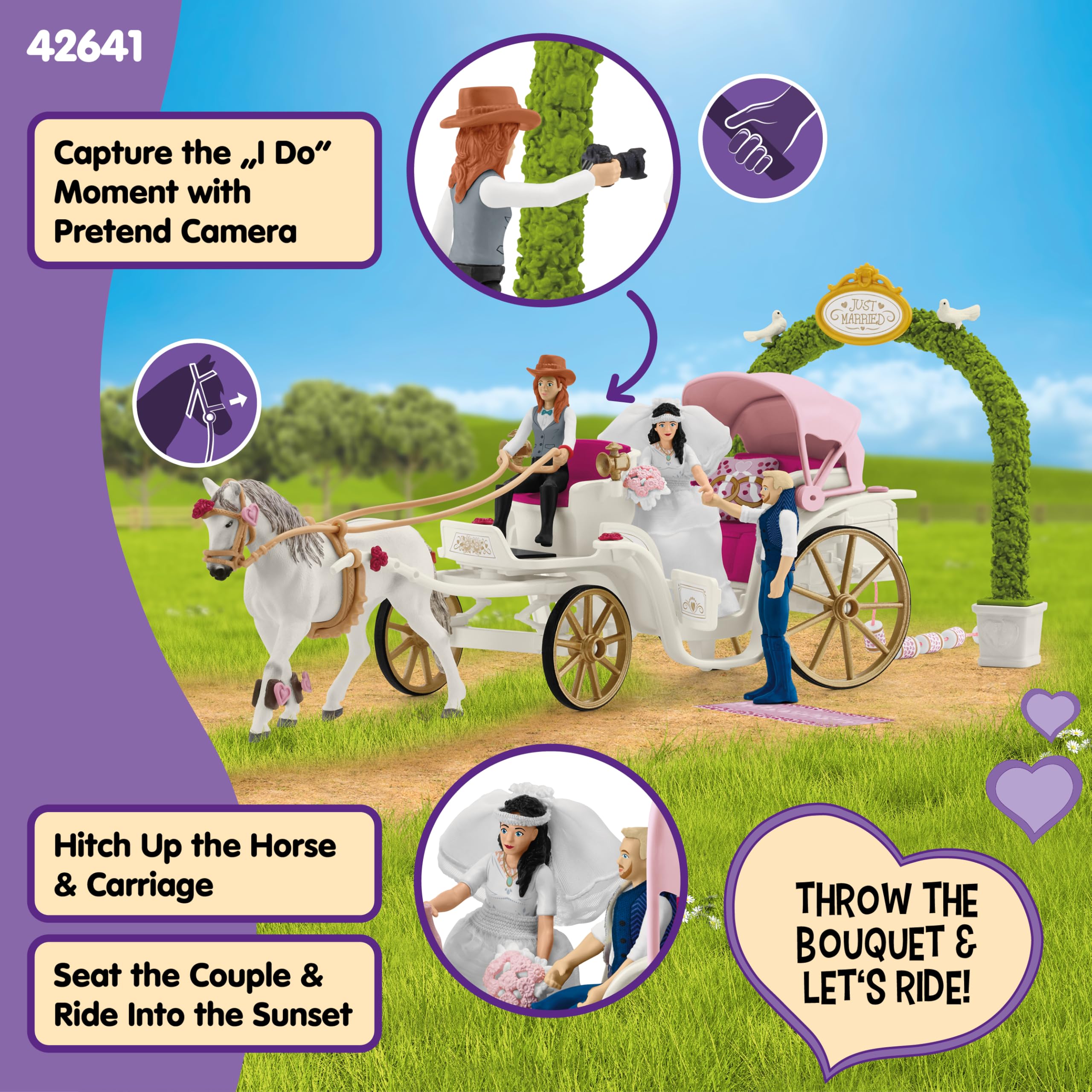 schleich HORSE CLUB | Kareta weselna 42641 | para młoda Emily i Toby z karetą, Hannah i koniem oraz akcesoriami | wspaniały prezent dla dziewczynek i chłopców | zabawka od 5lat | zestaw 106 elementów